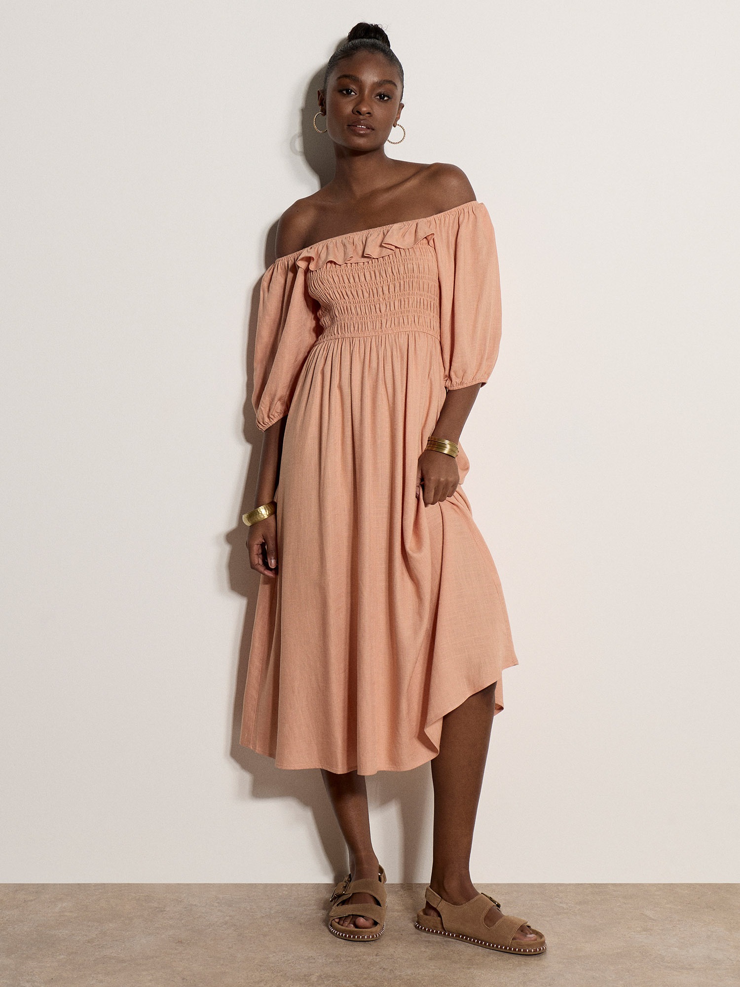 Apricot Maxikleid »Langes Kleid mit Bardot-Ausschnitt« mit Raffungen