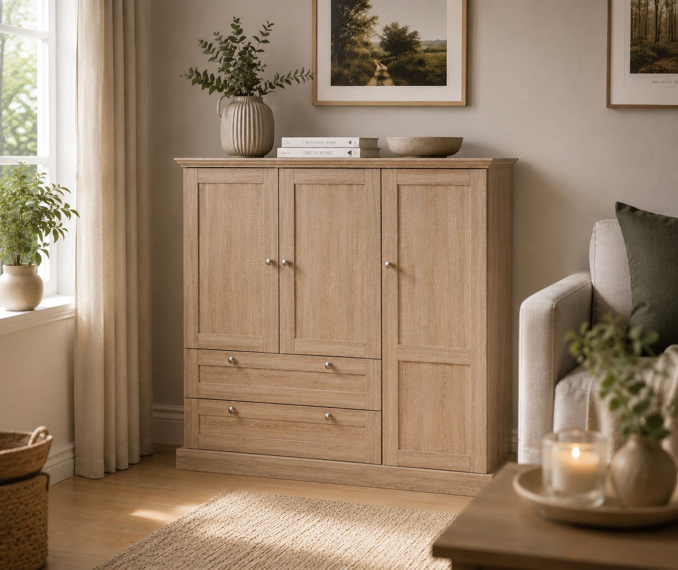 OTTO home Kleiderschrank »Binz, Wäscheschrank, Mehrzweckschrank, skandinavischer Landhausstil« B/H/T ca. 122/130/35 cm,  viele Stauraummöglichkeiten, Metallgriffe, Türen mit Rahmen/ Kassetten