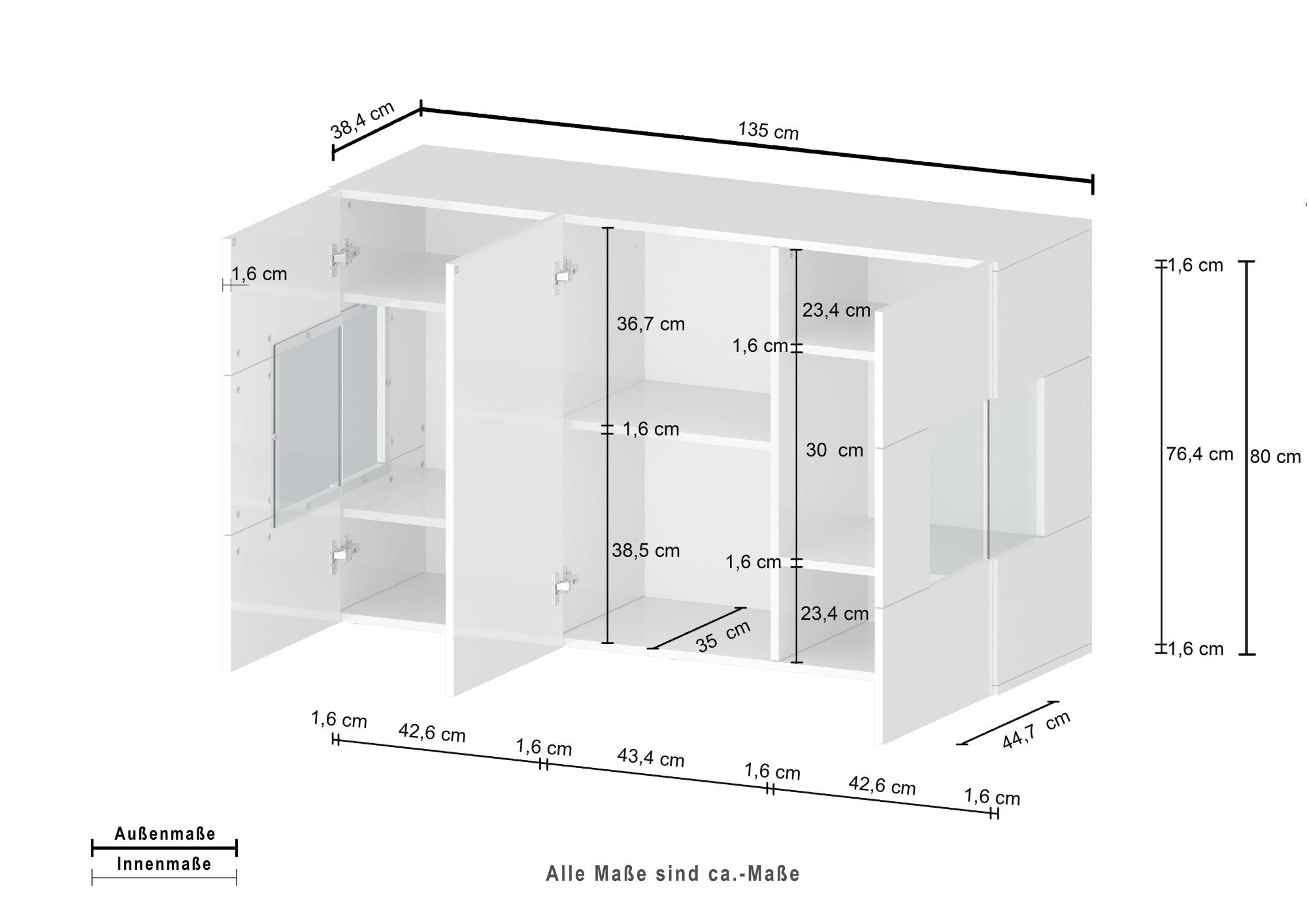 Tecnos Sideboard »Egypt«, 3 Türen davon 2 mit Glaseinsatz, 5 Einlegeböden, Breite 135