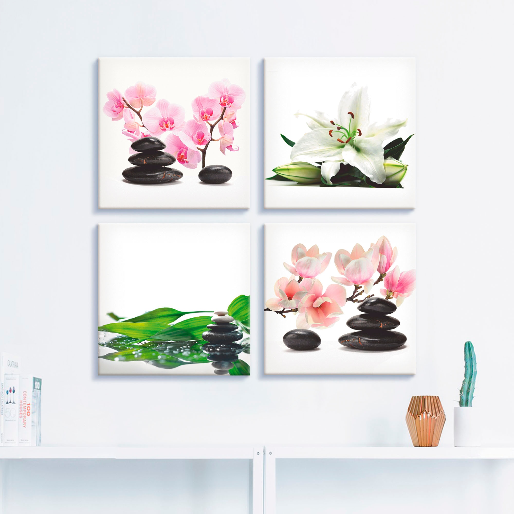 Artland Leinwandbild »Stein Orchidee kaufen Lilie Raten 4er Magnolie«, verschiedene (4 Bambus Spa Größen Set, auf St.), Zen