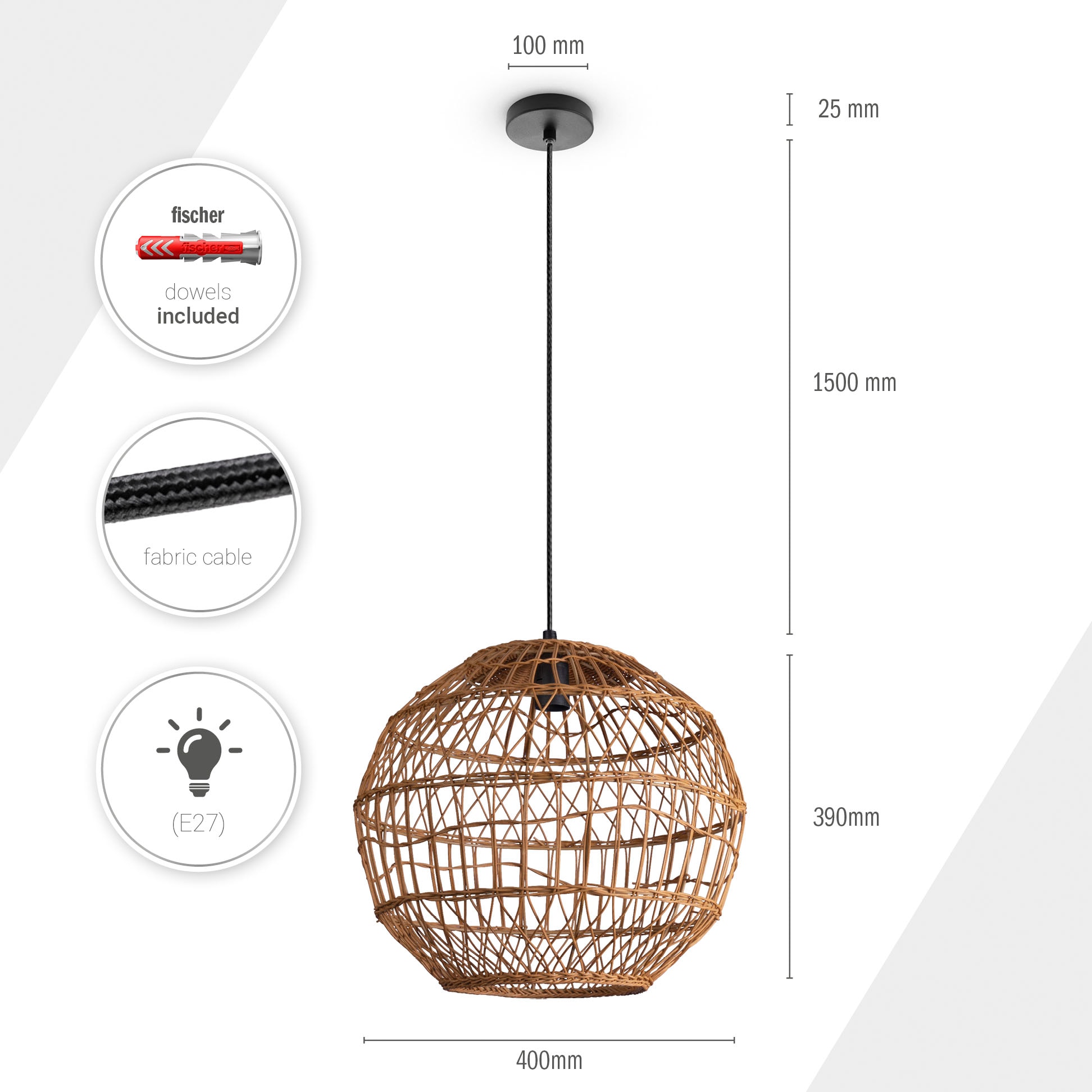 | Rund E27 Pendelleuchte Wohnzimmer Garantie Rattan Stil kaufen Boho 3 Paco online Home mit Hängeleuchte Jahren »MAITE«, XXL Korblampe Modern