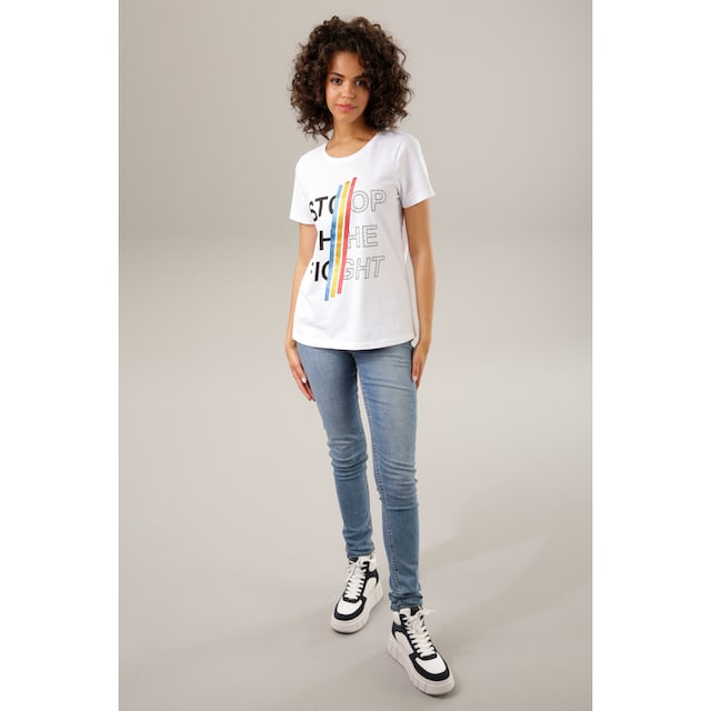 Aniston CASUAL Print-Shirt, mit bunten Glitzerstreifen, Nieten und  Schriftzug bei ♕
