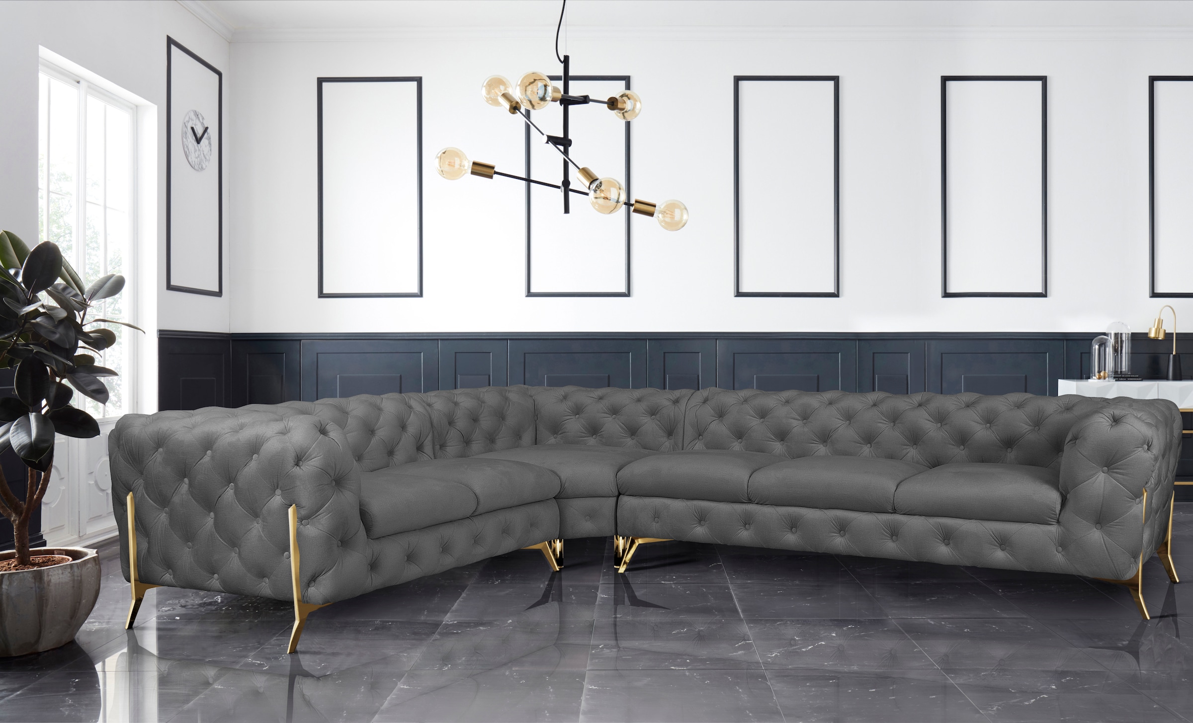 Leonique Chesterfield-Sofa »Amaury L-Form«, großes Ecksofa, Chesterfield-Optik, Breite 323 cm, Fußfarbe wählbar