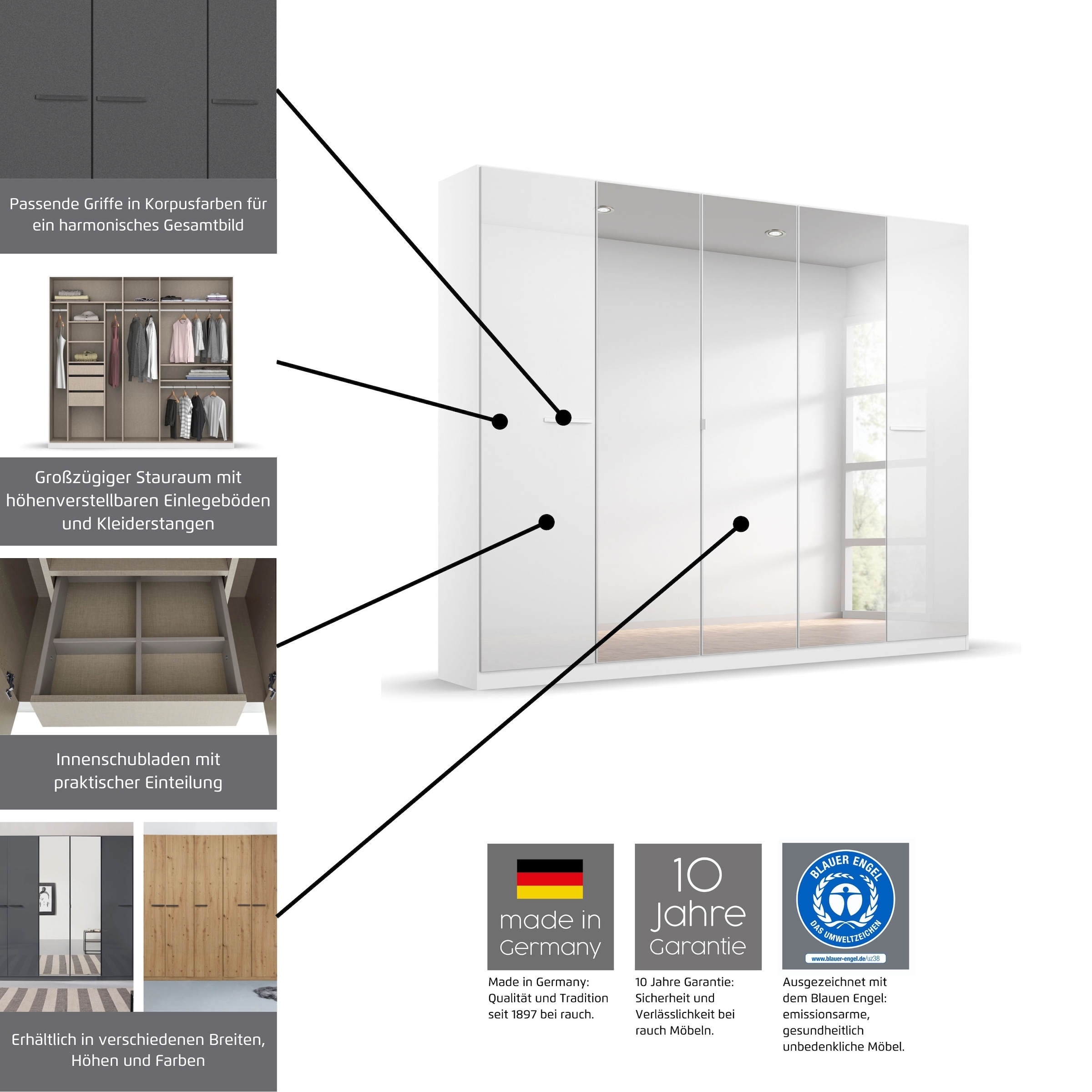 rauch Drehtürenschrank »Kleiderschrank Schrank Garderobe TOPSELLER OTELI inkl. Inneneinteilung«, mit 3 Innenschubladen extra Böden optional mit Spiegel MADE IN GERMANY