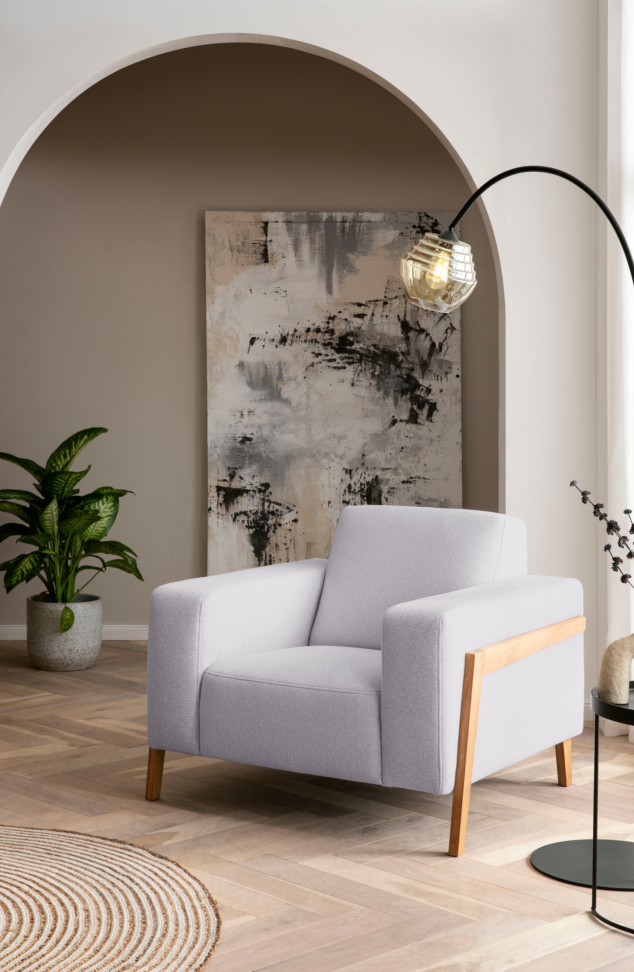 exxpo - sofa fashion Sessel "Starr, Loungesessel, Scandic Design mit Sichtholz am Armteil" im Scandinavian Design, mit Massive Holzfüße, frei im Raum stellbar