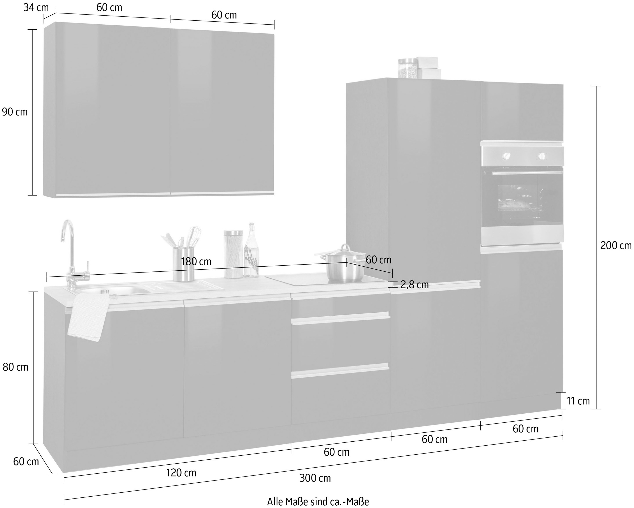 KOCHSTATION Küchenzeile »KS-Ohio« ohne E-Geräte, Breite 300 cm