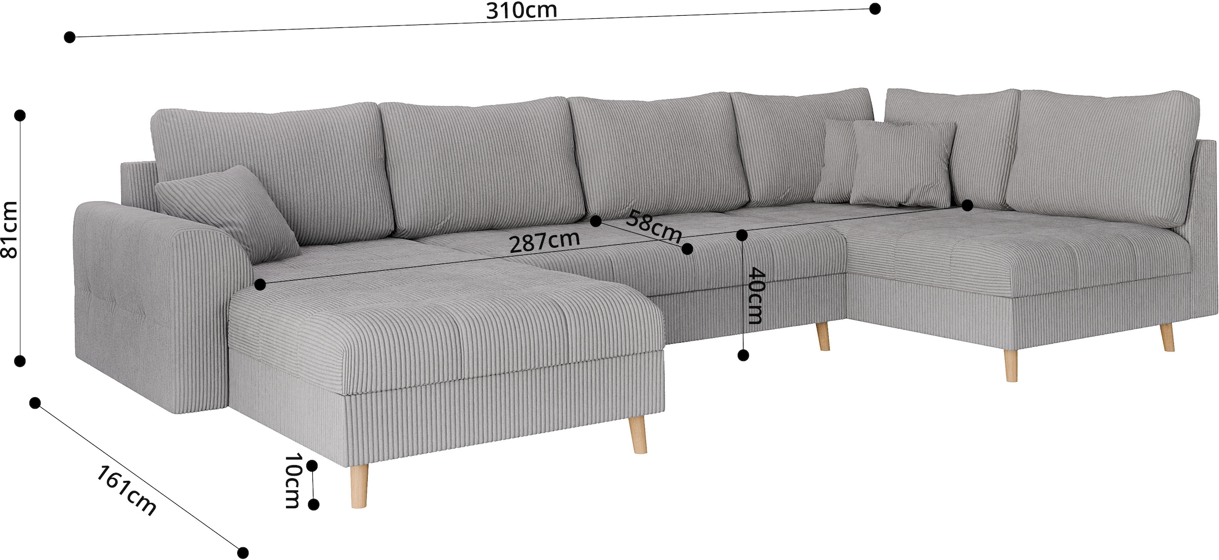 Home affaire Wohnlandschaft »CHARRE U-Form mit Ottomane, Maße B/T/H: 310/161/81 cm«, feine Steppung, lose Rücken- und Zierkissen, auch in Cord und Bouclé