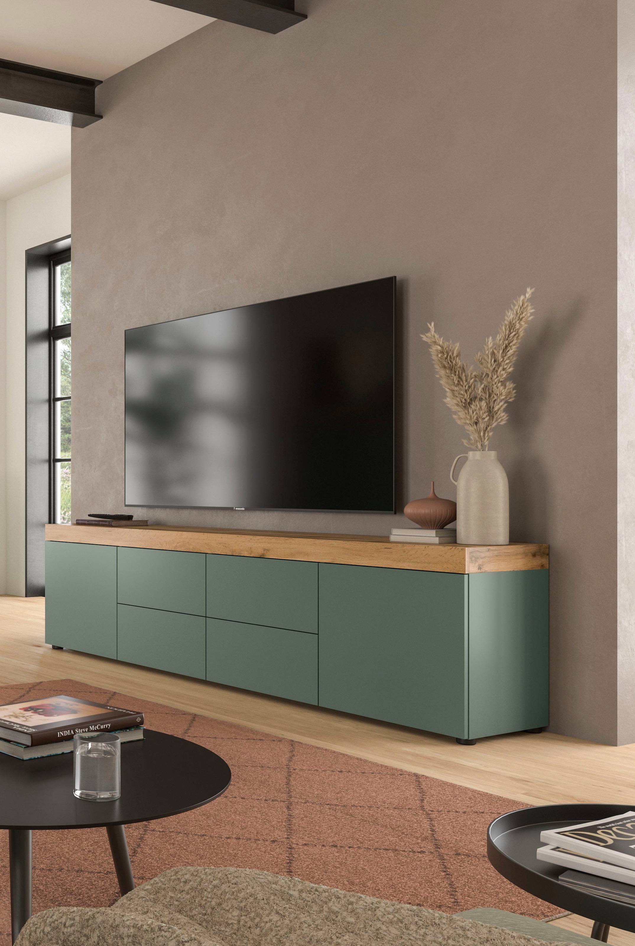 OTTO home Lowboard »MAMBO, Breite 200cm, 2 Türen, 4 Schubkästen, push-2-open« 2 farbige Ausführung, in verschiedenen Farben erhältlich, 1 Stk. tlg. Lowboard, TV Unterschrank, Tv-Schrank, Wohnzimmer