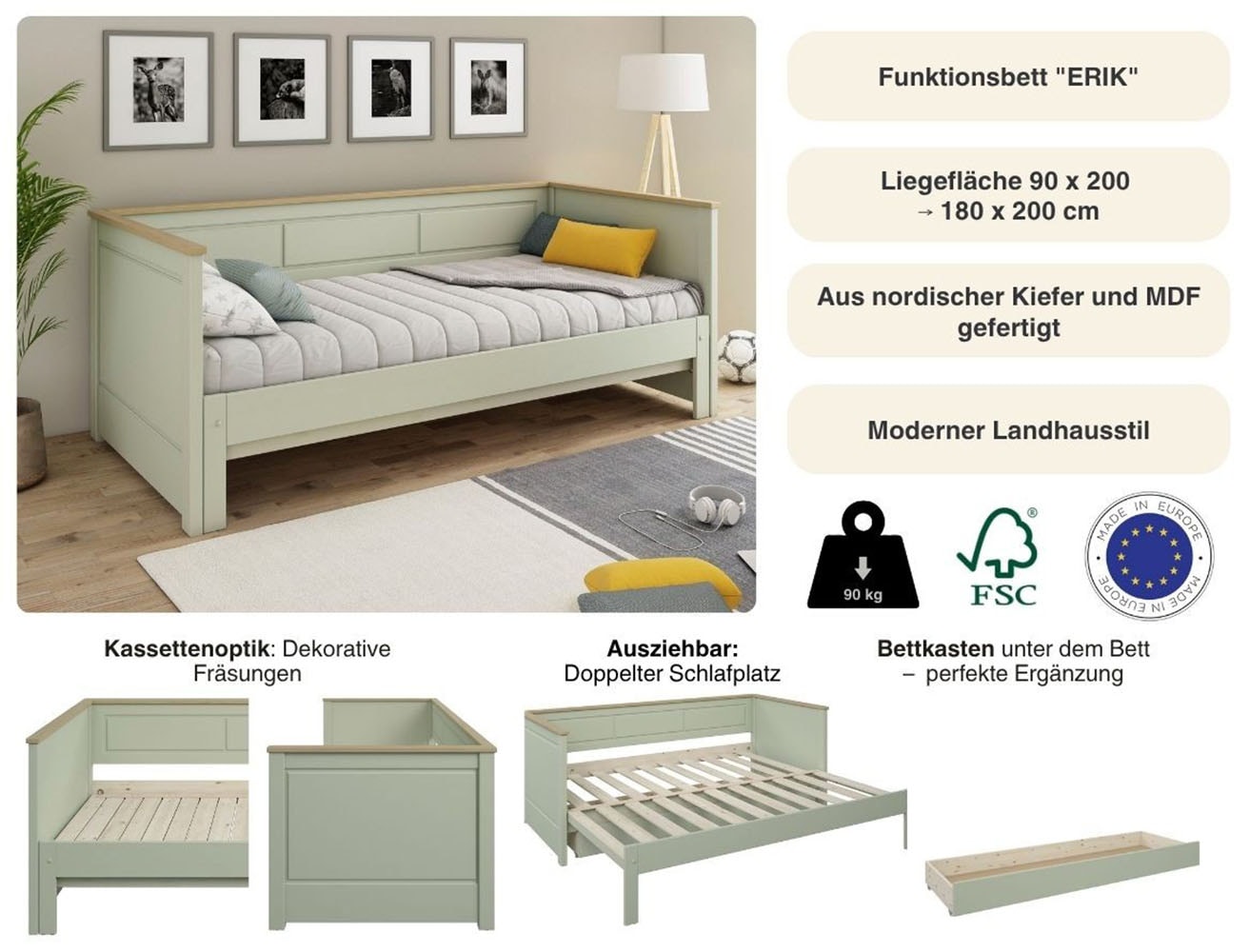 OTTO home Funktionsbett »" ERIK " TOPSELLER! Daybed, Gästebett, Kinderbett, Massivholz (Kiefer)« stilvolle Kassetten - Fräsung, 90x200cm ausziehbar auf 180x200cm),  2. Schlafplatz ausziehbar, moderner Landhausstil, Schublade optional