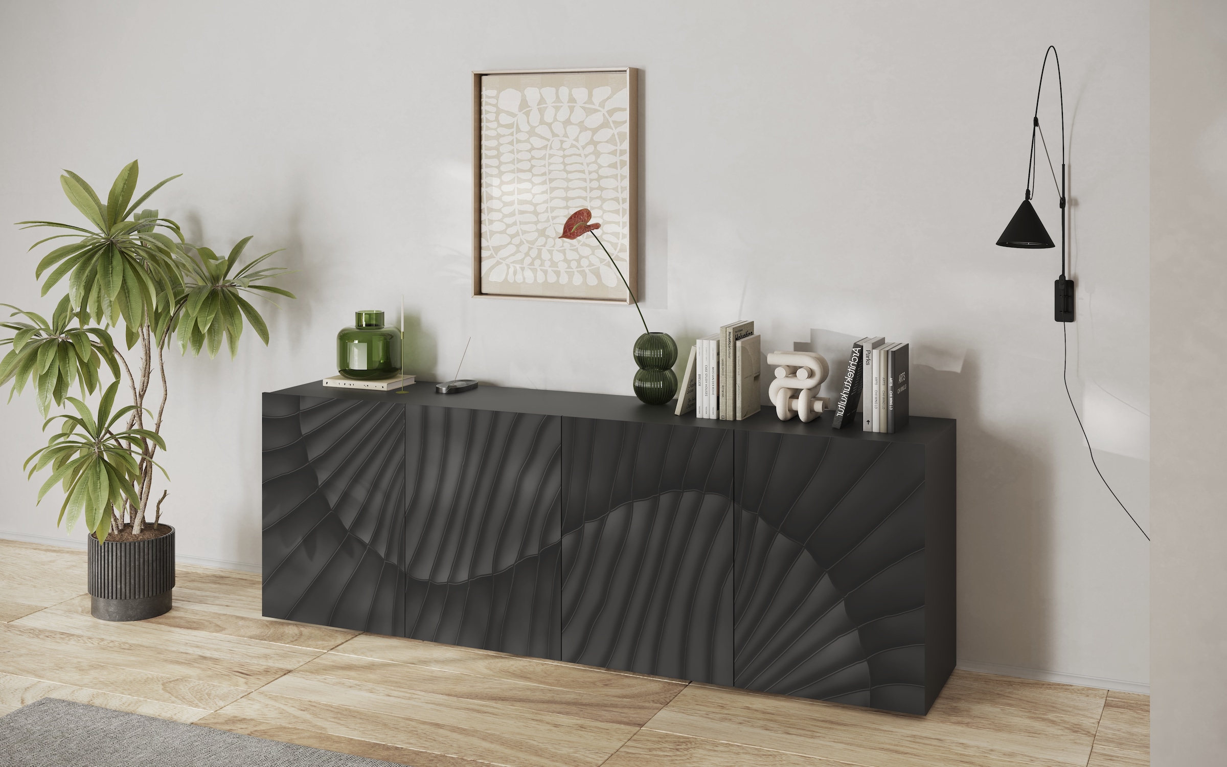 INOSIGN Sideboard »Snake, Kommode, Anrichte, Stauraummöbel Breite 241 cm, Siebdruck-Front«, moderne Wohnmöbel, 4 Türen, viel Stauraum, stilvoll und funktional