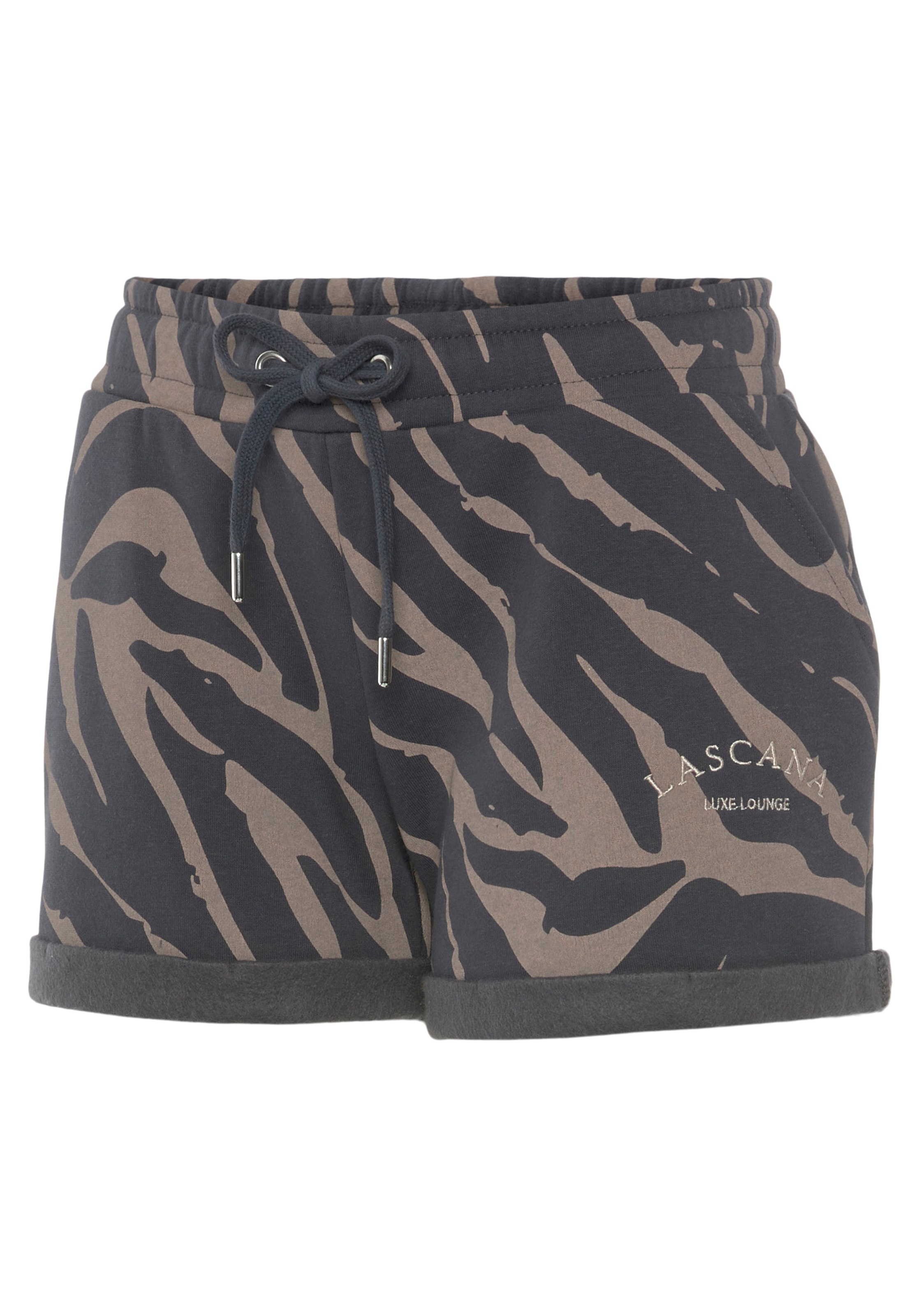 LASCANA Relaxshorts »-Kurze Hose mit Zebradruck,«, seitlichen Taschen und Logostickerei, Loungewear, Loungeanzug