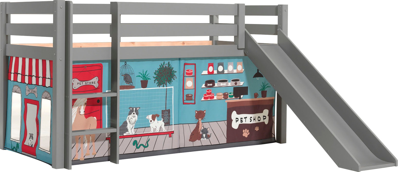 Vipack Spielbett »Vipack Pino«, (Made in Europe), Hochbett mit Textil-Set, inkl. Rolllattenrost, Leiter und Rutsche