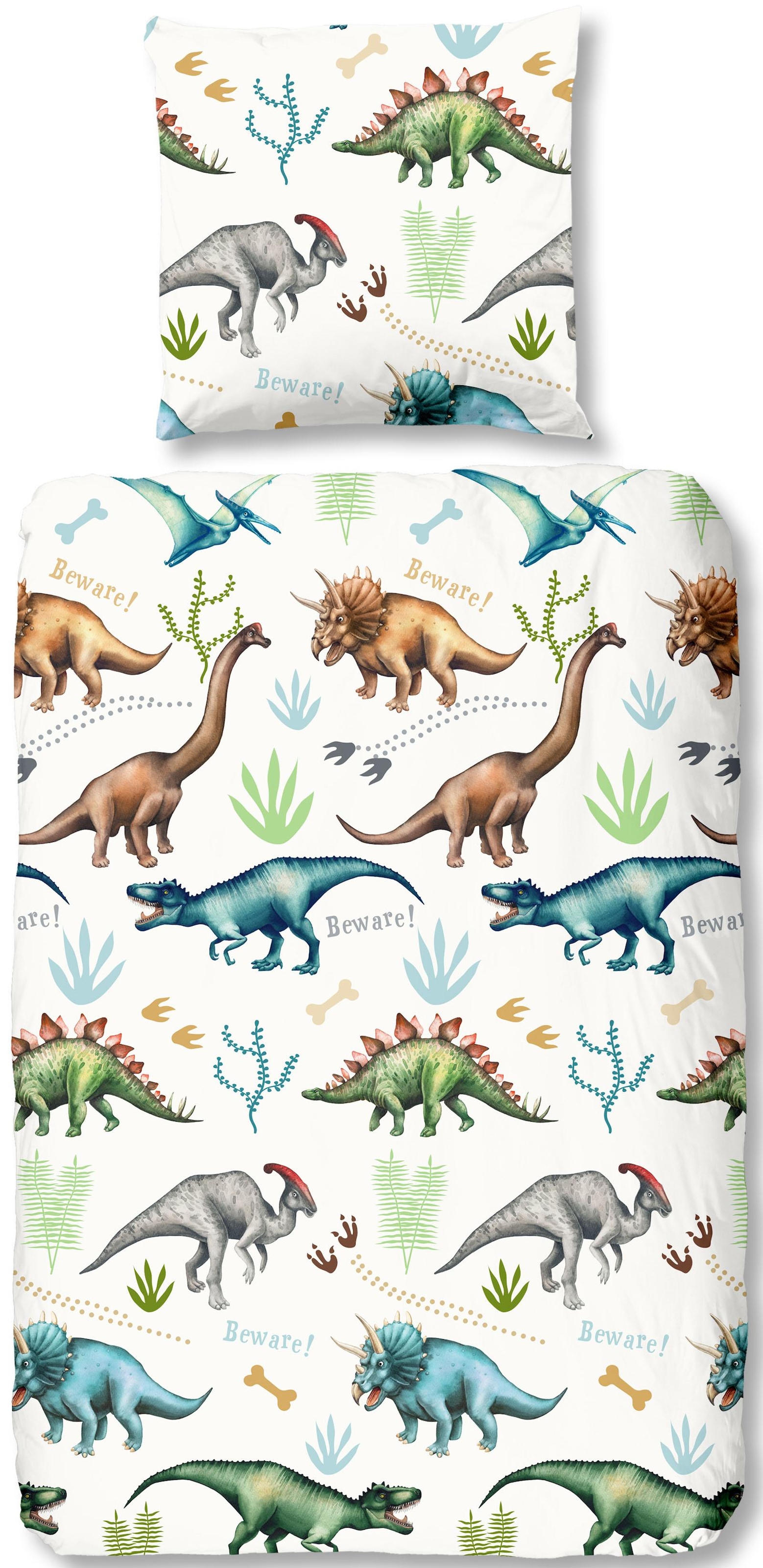 good morning Kinderbettwäsche »Dino«, Baumwolle, Renforcé, 135x200, Reißverschluss, Kind, Junge, Dino, Weiß