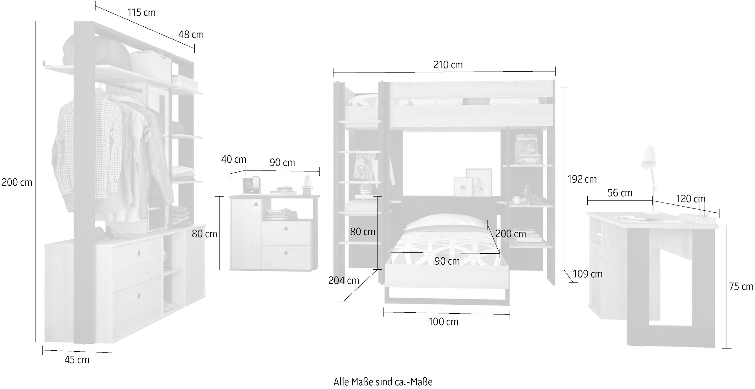 Gami Jugendzimmer-Set »Duplex«, (6 St., Bett, 2x offenes Schranksystem, Schreibtisch, Kommode, Hochbett)