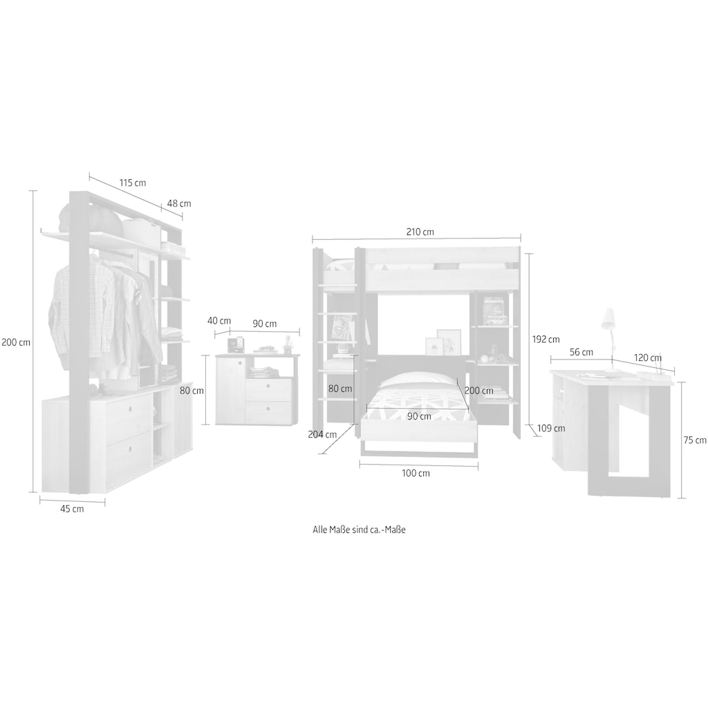 Gami Jugendzimmer-Set »Duplex«, (6 St., Bett, 2x offenes Schranksystem, Schreibtisch, Kommode, Hochbett)