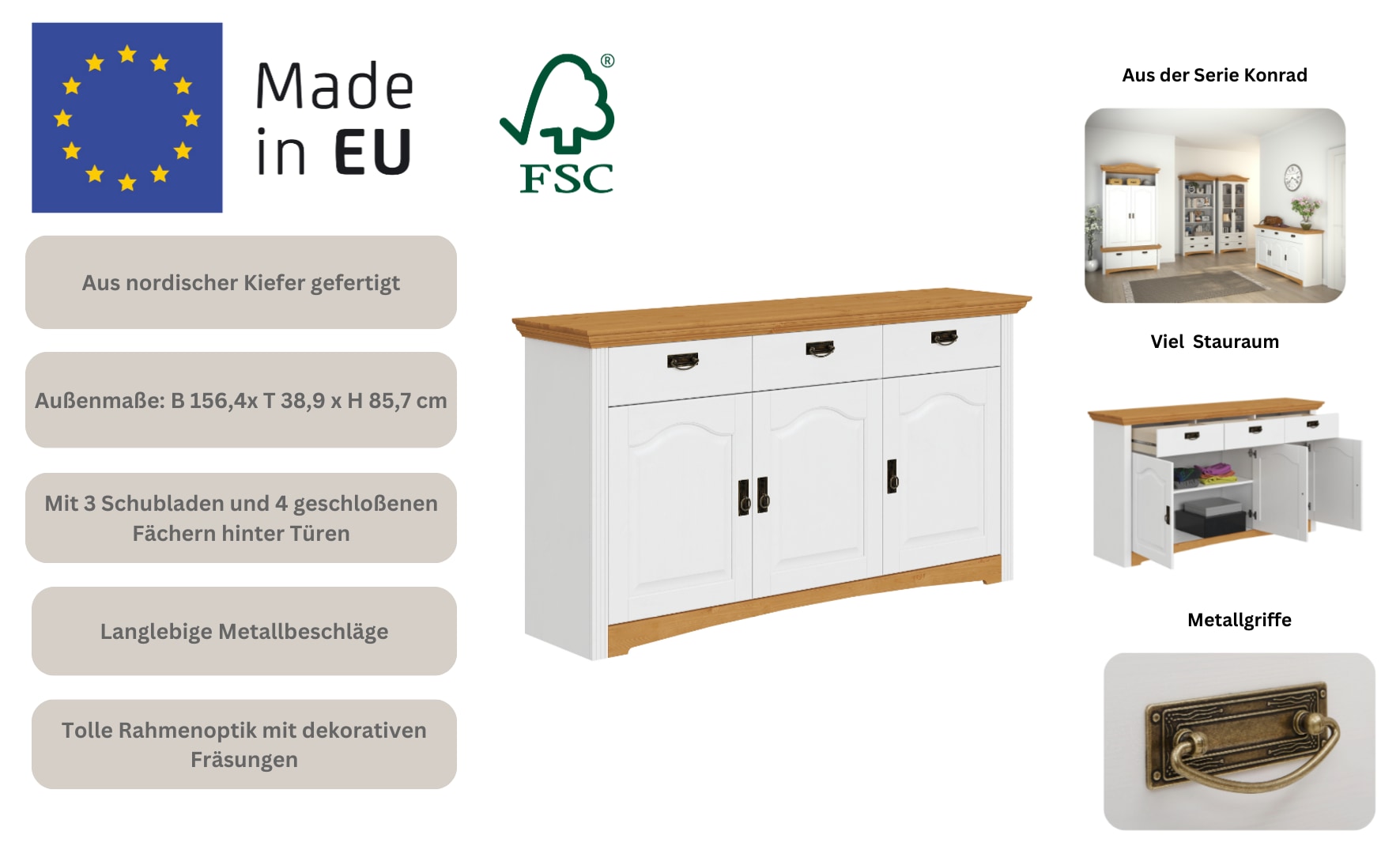 Home affaire Kommode »Konrad« aus massiver Kiefer, Breite 156 cm, mit Schubladen, FSC®