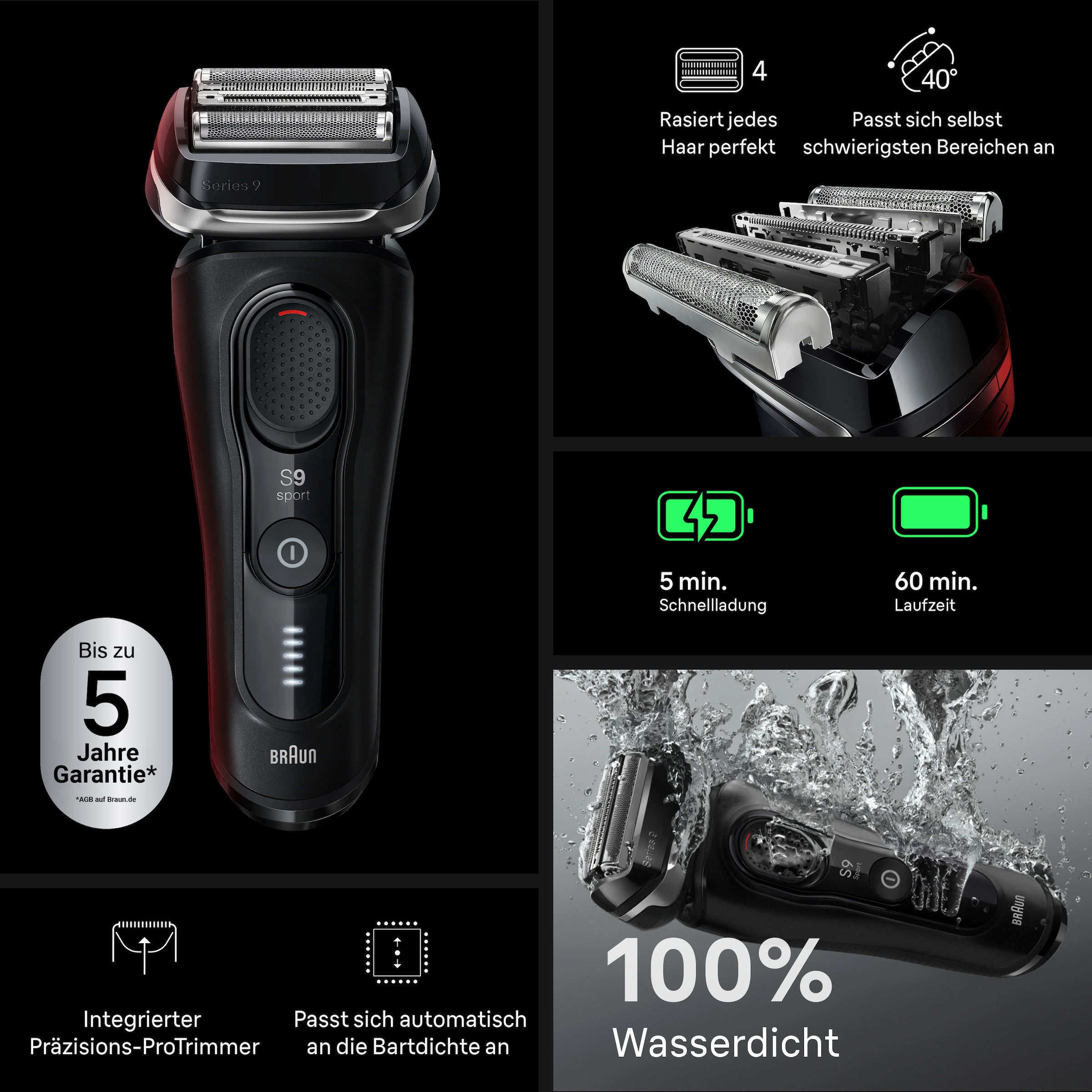 Braun Elektrorasierer »Series 9 Sport 9150cc« SmartClean-Plus-Reinigungsstation integrierter Präzisionstrimmer 5-in-1 Pflegesystem, SensoAdapt, 60 Min., Nass & Trocken, Schwarz