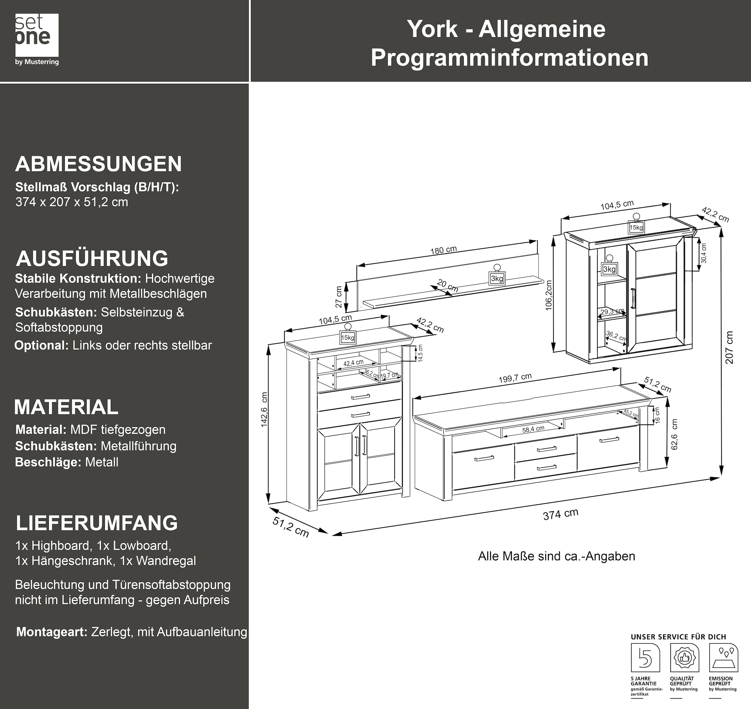 set one by Musterring Wohnwand »York« Set, 4 Stk. tlg. Kombination 01, in 3 Farbvarianten, Gesamtbreite 374 cm