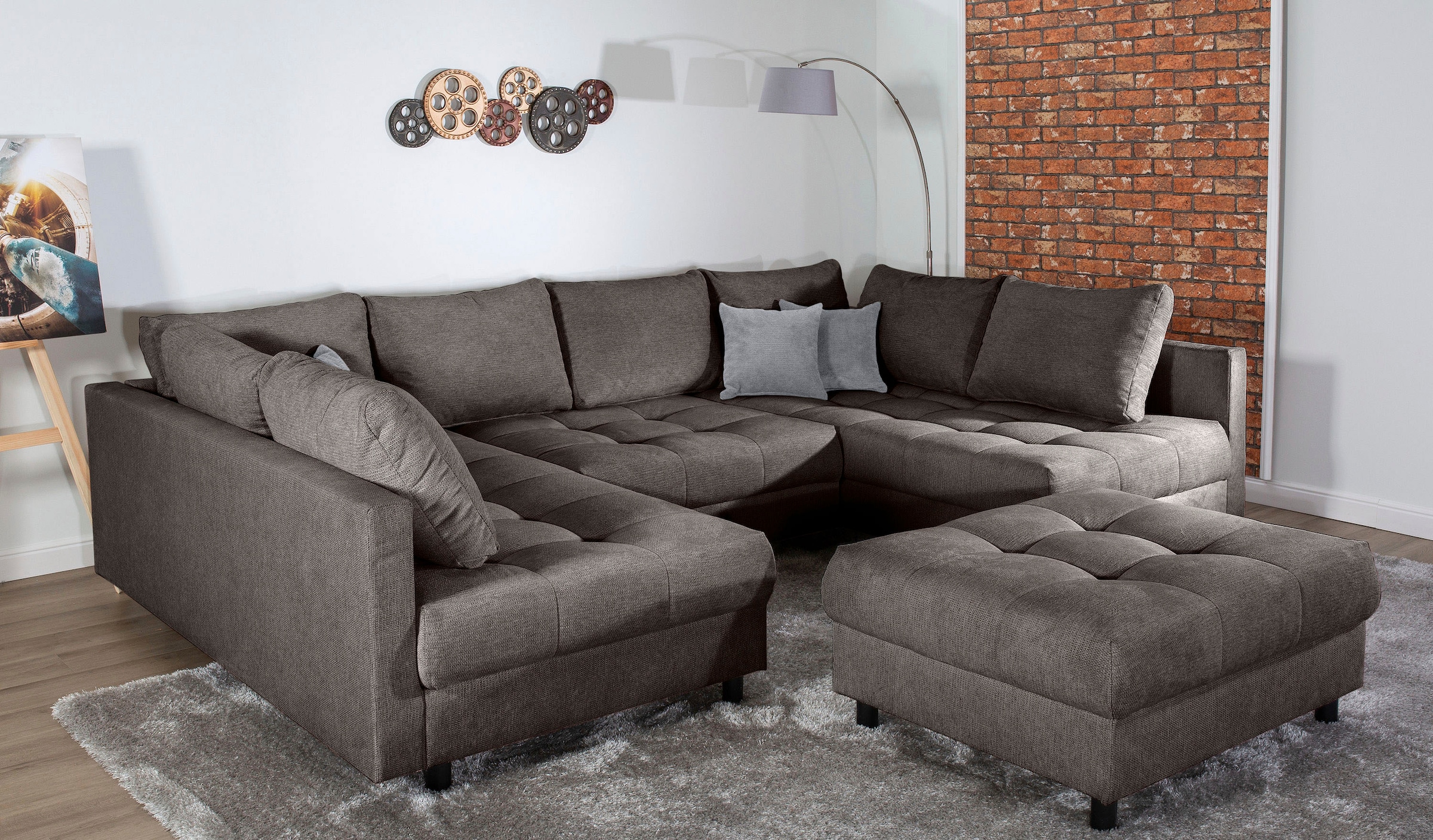 COLLECTION AB Wohnlandschaft "Toni U-Form, B: 298 cm, XXL-Liegefläche 282x178 cm mit Hocker" Set: Sofa & Hocker, 3 Zierkissen, Federkern