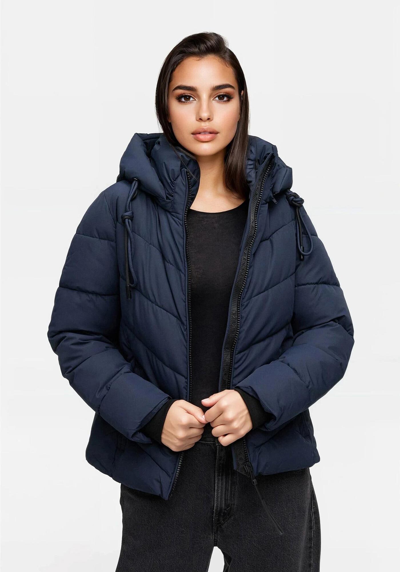 Marikoo, Damen, Winterjacke » Sahnemausii Damen Winter Steppjacke N091«, Navy, XL, Navy, Sportliche Steppjacke in kurzer Form urbaner Look & angenehm 