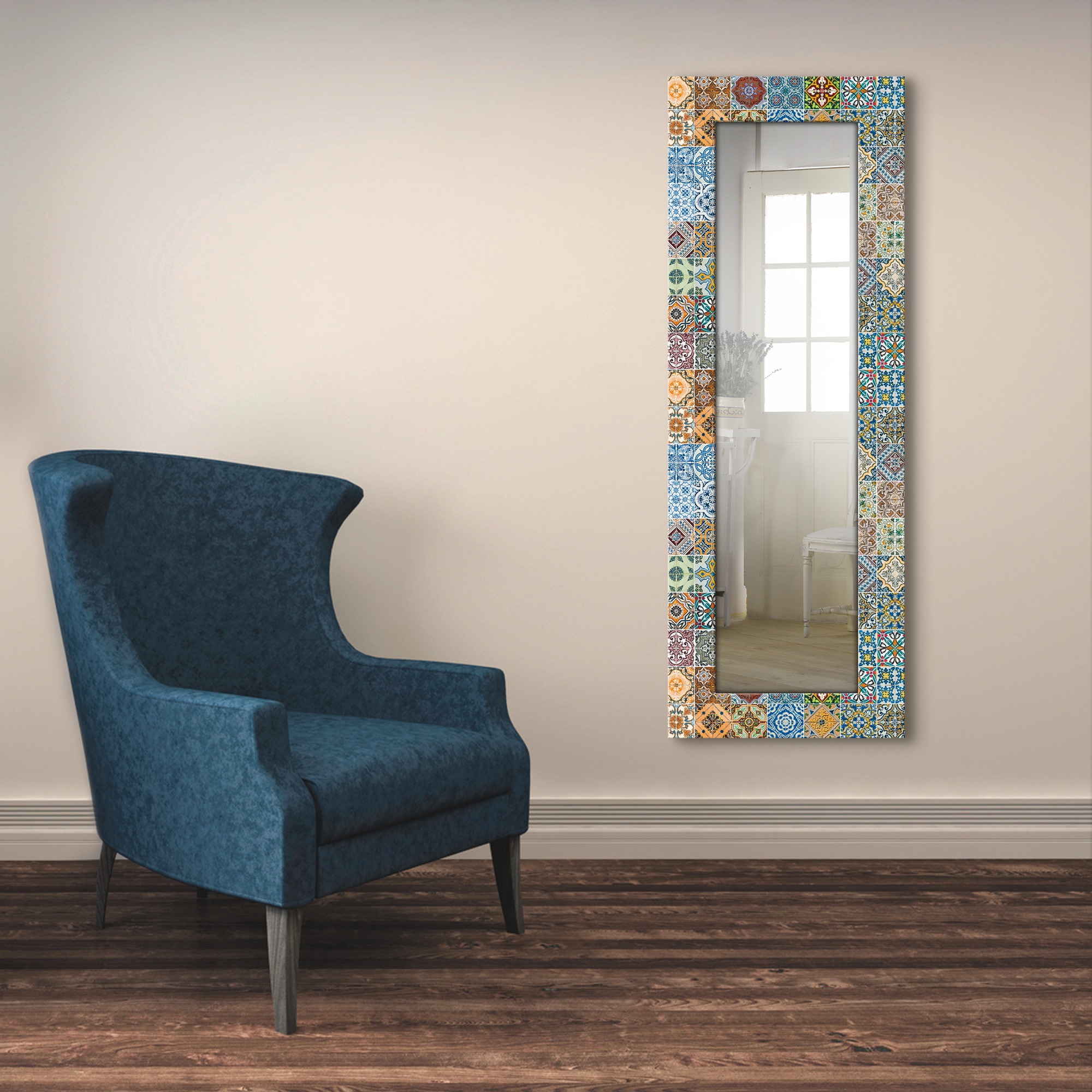 Artland Dekospiegel »Gemusterte Keramikfliesen«, gerahmter Ganzkörperspiegel, Wandspiegel, mit Motivrahmen, Landhaus