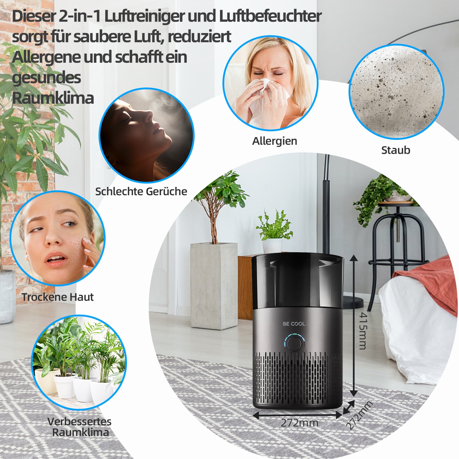 be cool Luftbefeuchter »Luftbefeuchter-/reiniger BCLB2402B«, 3,8 l Wassertank, Luftreinigungsfunktion mit HEPA-Filter, Aromafunktion