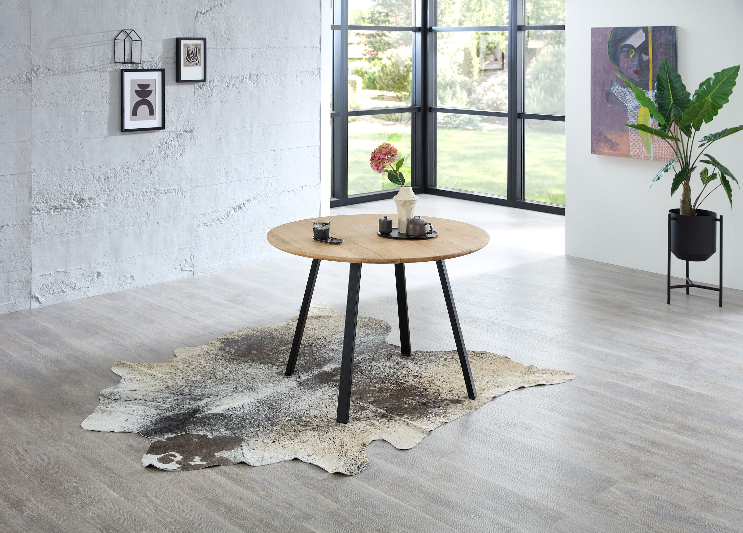 Stolkom Esstisch »Nils Massivholz rund, Esszimmertisch Eiche, BxH 110x75 cm«, Stabiles 4-Fuß Metallgestell, Boden bis Unterkante Tisch ca. 69 cm