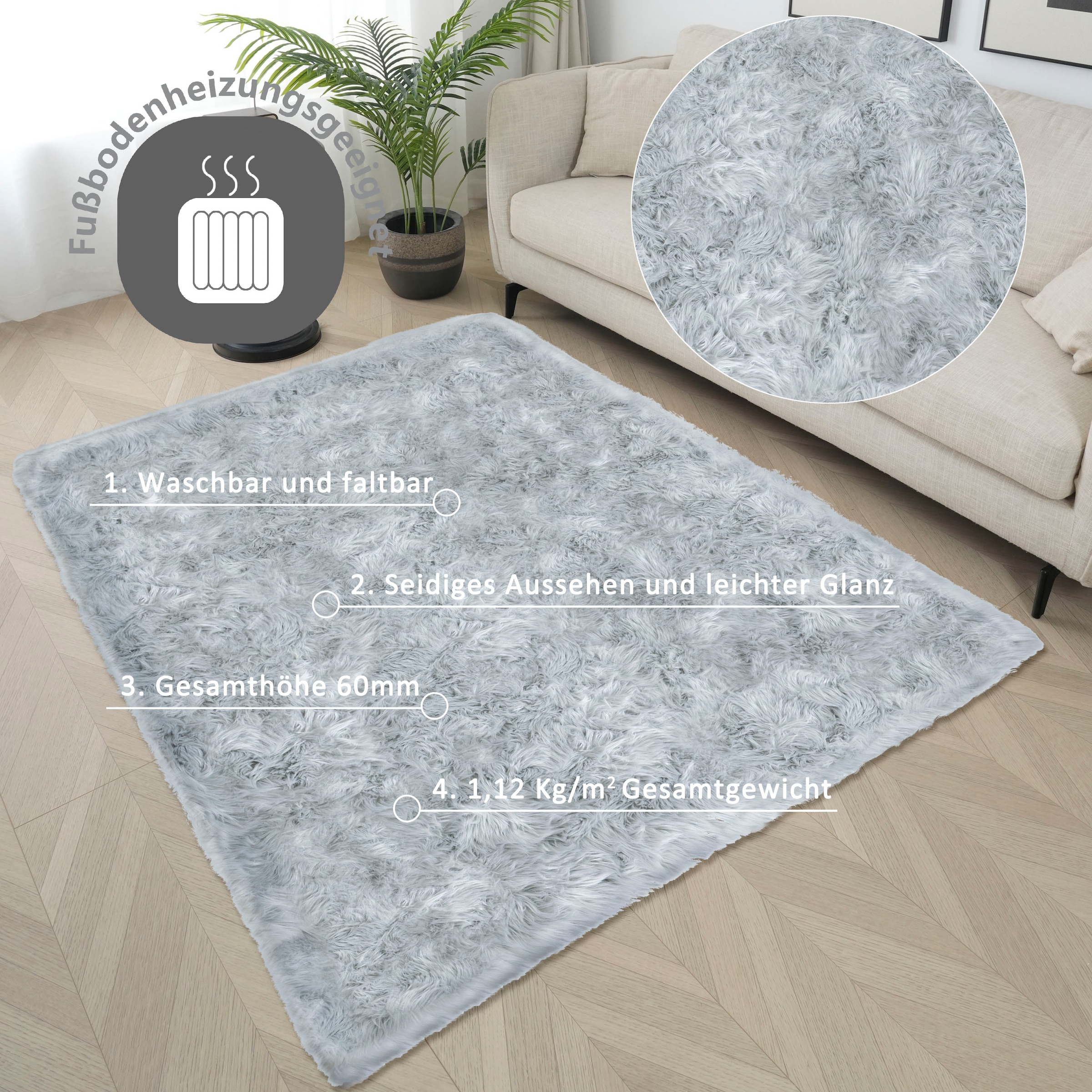 my home Hochflor-Teppich »Kalua, verschiedene Formen«, rechteckig, 60 mm Höhe, Kunstfell, weich, Uni-Farben, Wohnzimmer, Schlafzimmer, Esszimmer