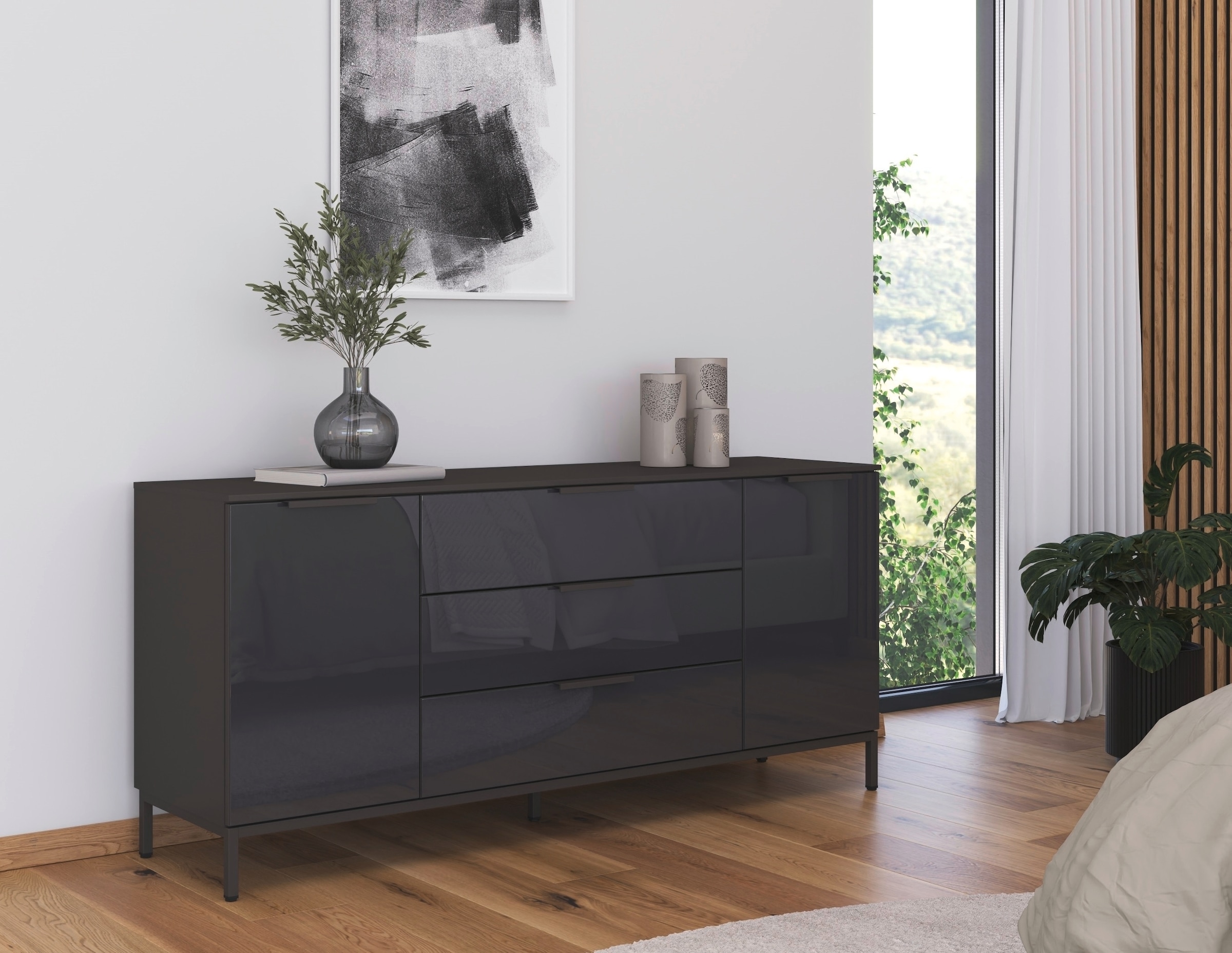rauch Kombikommode »Kommode Türkommode Sideboard Kombikommode FLIPP mit Glasfront« Breite 160 cm mit 2 Einlegeböden,  2-türig mit 3 Schubladen und Soft-Close-Funktion sowie Glasfront