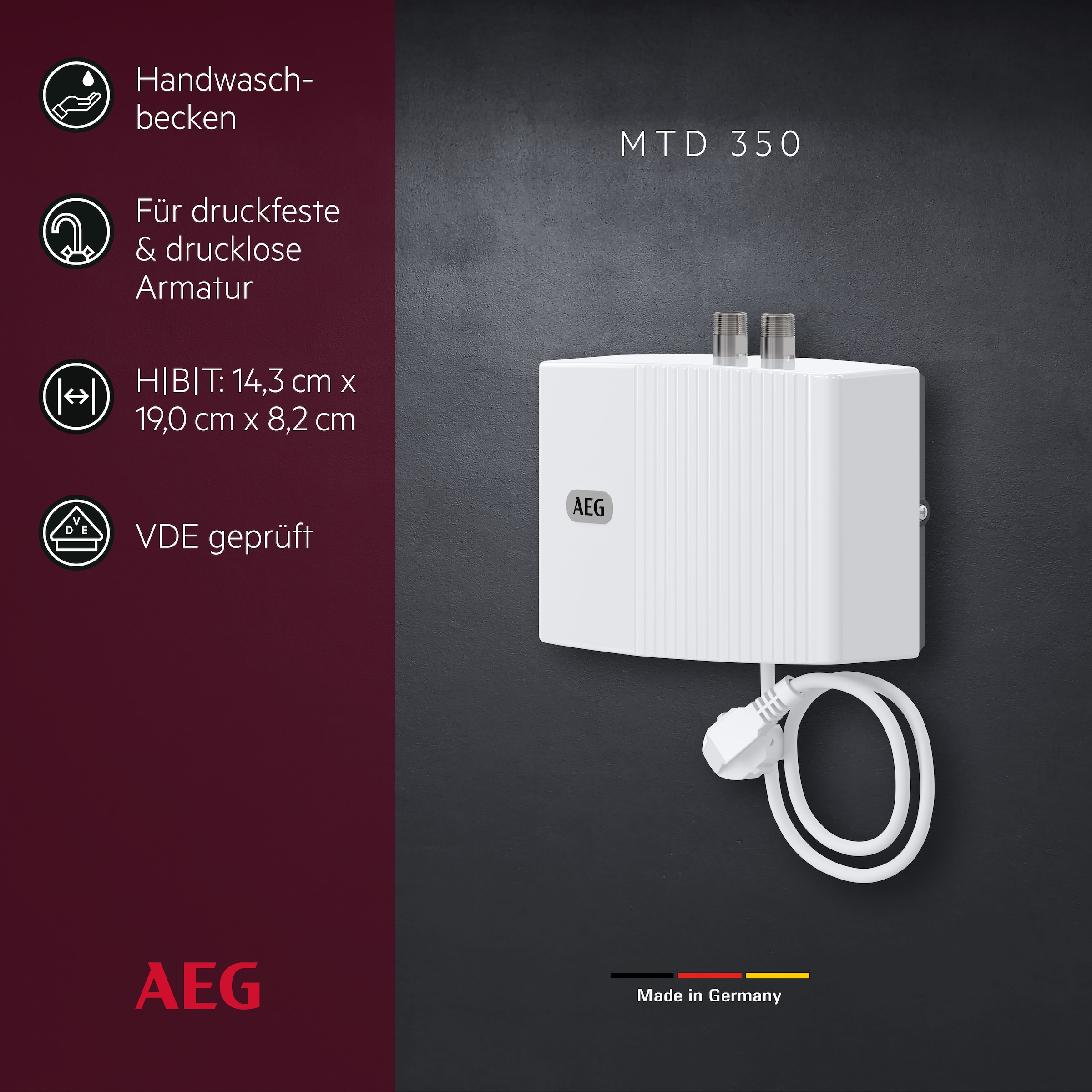 AEG Haustechnik Klein-Durchlauferhitzer »MTD 350 f. Handwaschbecken, 3,5 kW, m. Stecker« 230V, hydraulisch, drucklos