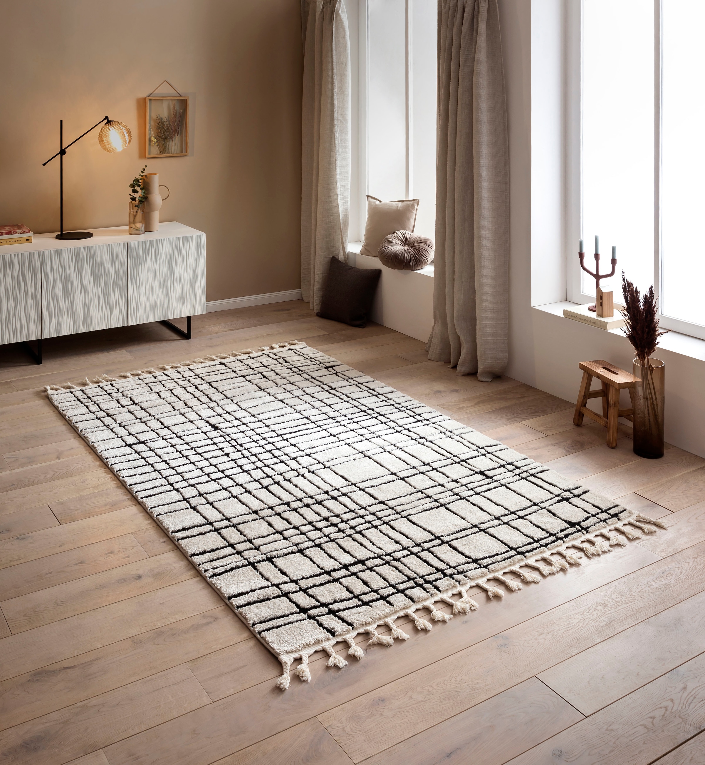 done.® Teppich »RIVER« rechteckig 10 mm Höhe modernes Scandi Design, kariert, Hoch-Tief Effekt, mit Fransen