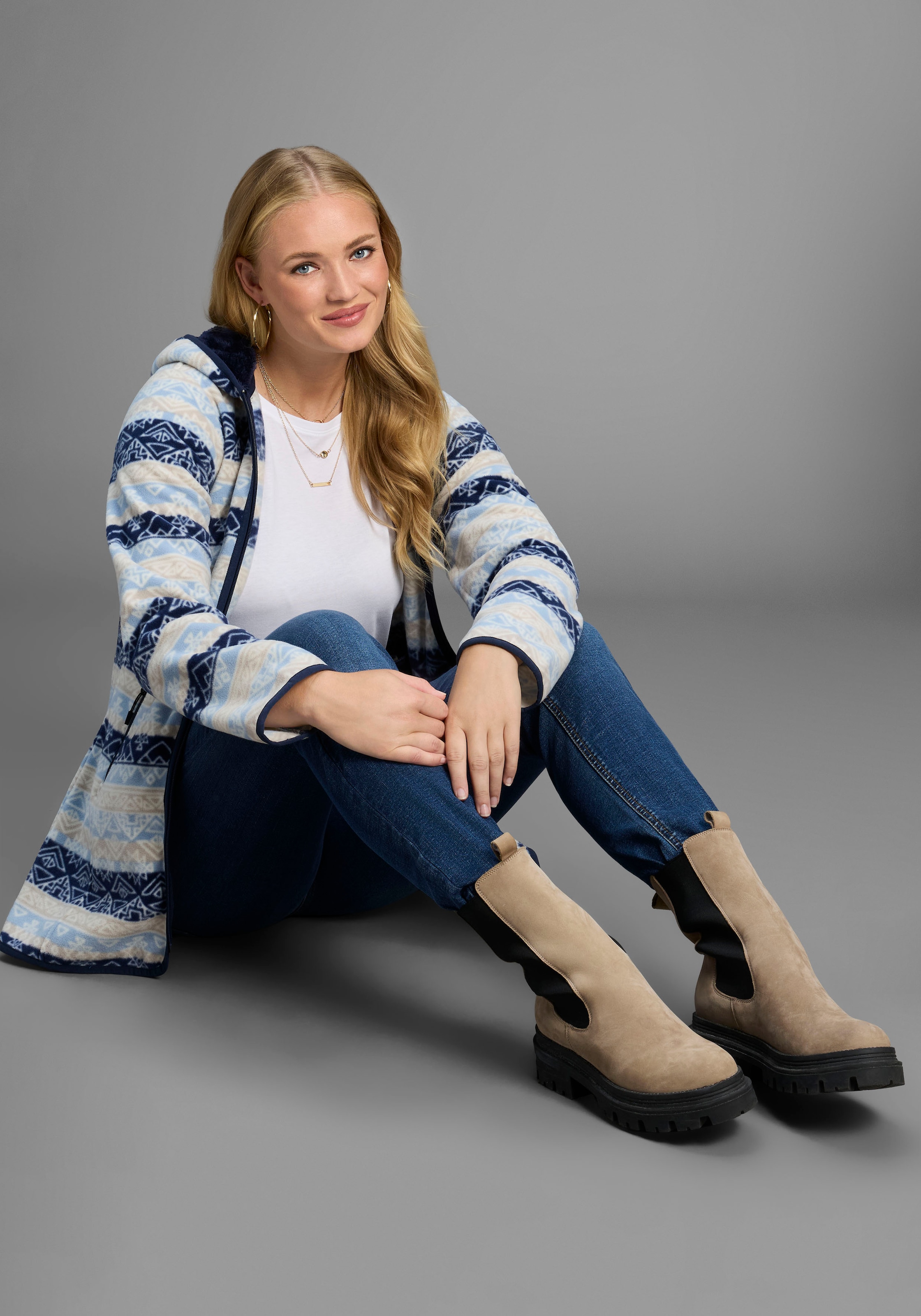 Polarino Fleecejacke, mit Kapuze, Fleecejacke mit Print und Fellimitat in Kapuze