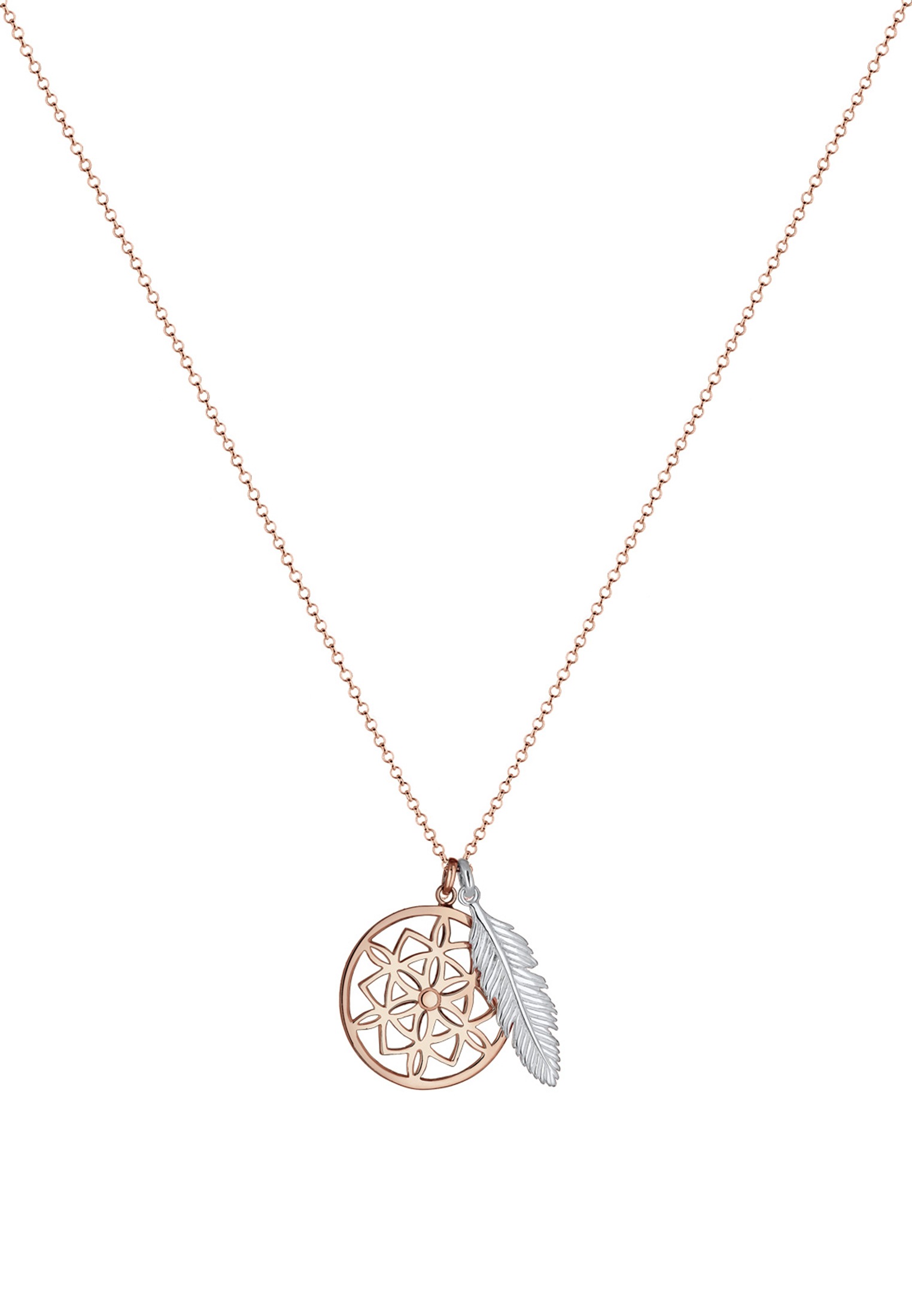 Elli Kette mit Anhänger »Halskette Ornament Feder Anhänger Traumfänger 925 Sterling Silber bicolor«