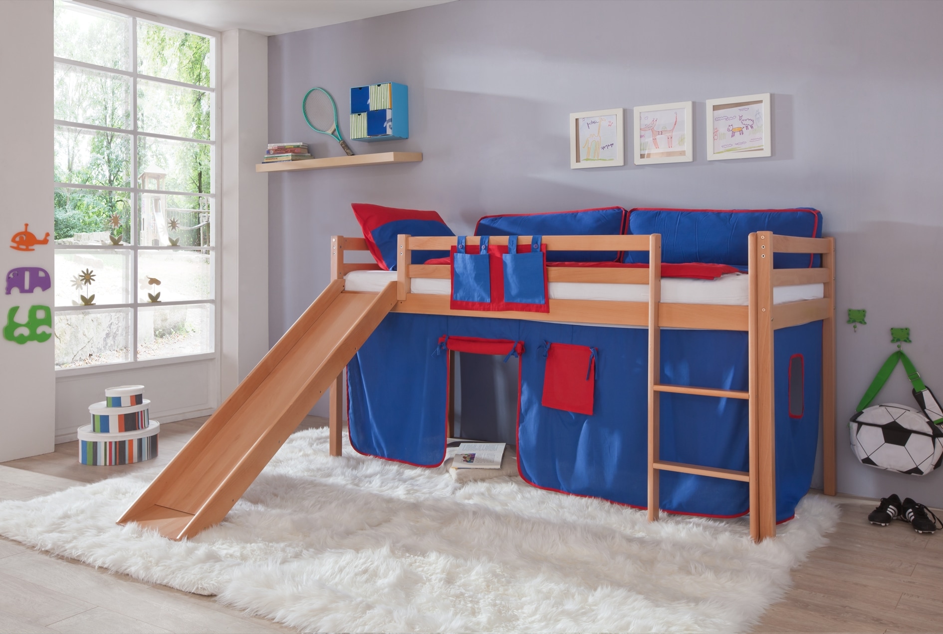 Relita Hochbett »Toby«, Buche natur lackiert mit Textil-Set, wahlweise mit Rolllattenrost
