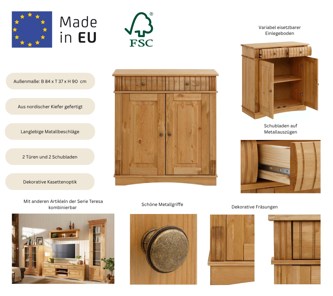 Home affaire Kommode »Teresa Sideboard nur 2 Schubkästen« aus massiver Kiefer Breite 84 cm, Höhe 90 cm, FSC®