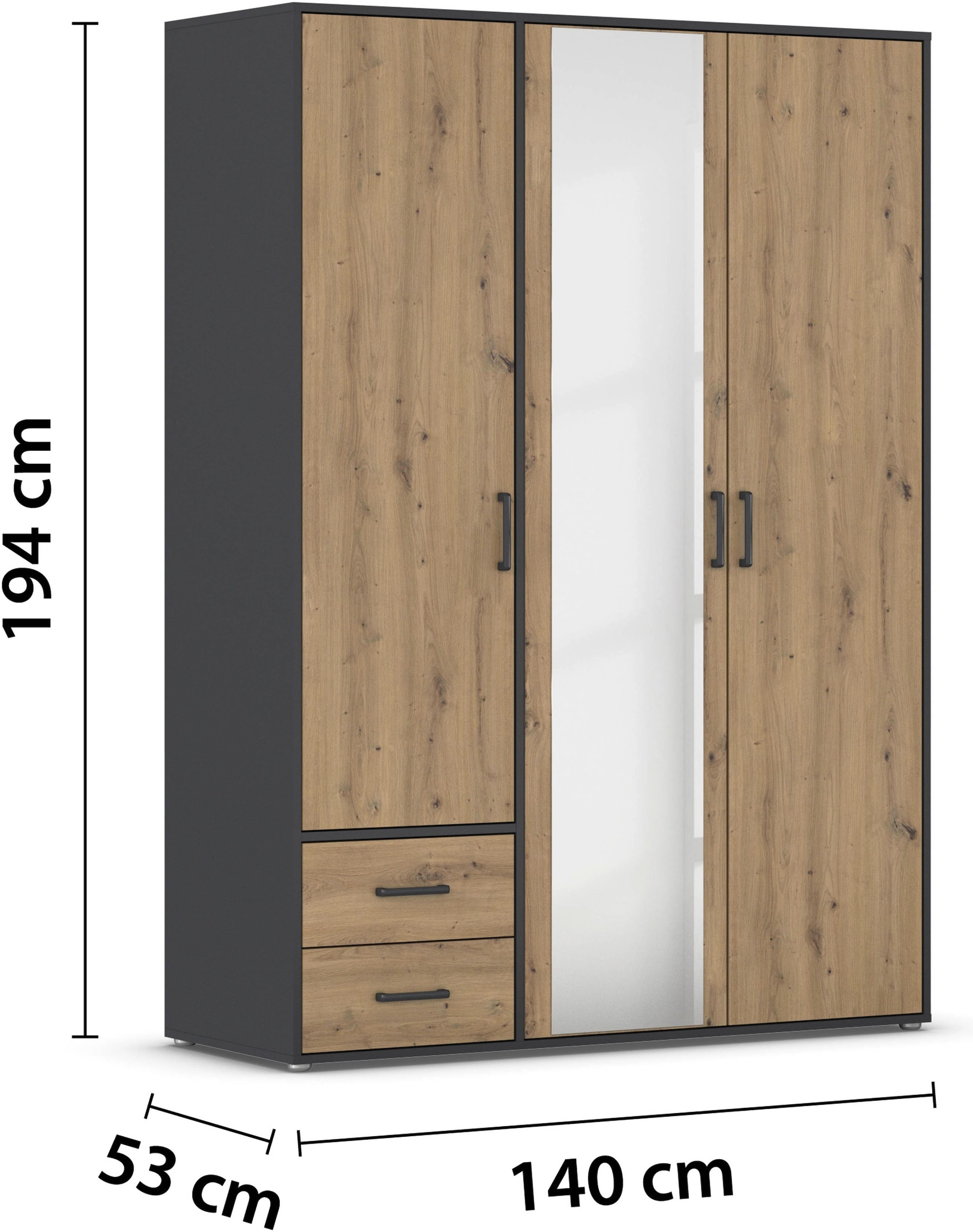 rauch Drehtürenschrank »Kleiderschrank Schrank Garderobe Wäscheschrank VOYAGER«, (in 3 verschiedenen Ausstattungen BASIC/CLASSIC/PREMIUM), mit modernen Griffen in Graumetallic, inkl. Schubkästen und Spiegel
