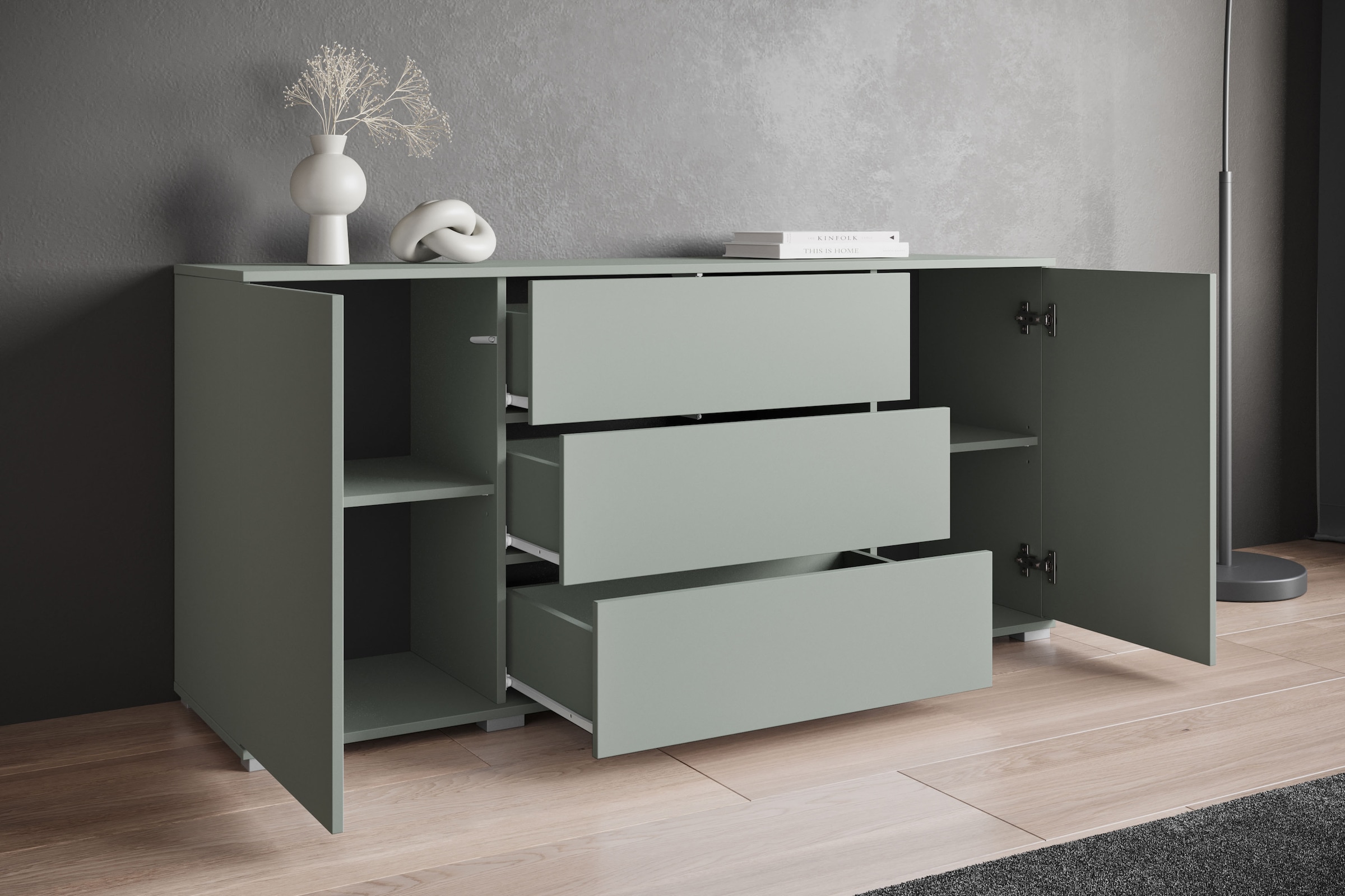 INOSIGN Sideboard »Kenia, Kommode für das Schlafzimmer/Wohnzimmer«, (1 St.), Modernes Sideboard mit 3 Schubladen und 4 Fächern, Breite 150 cm