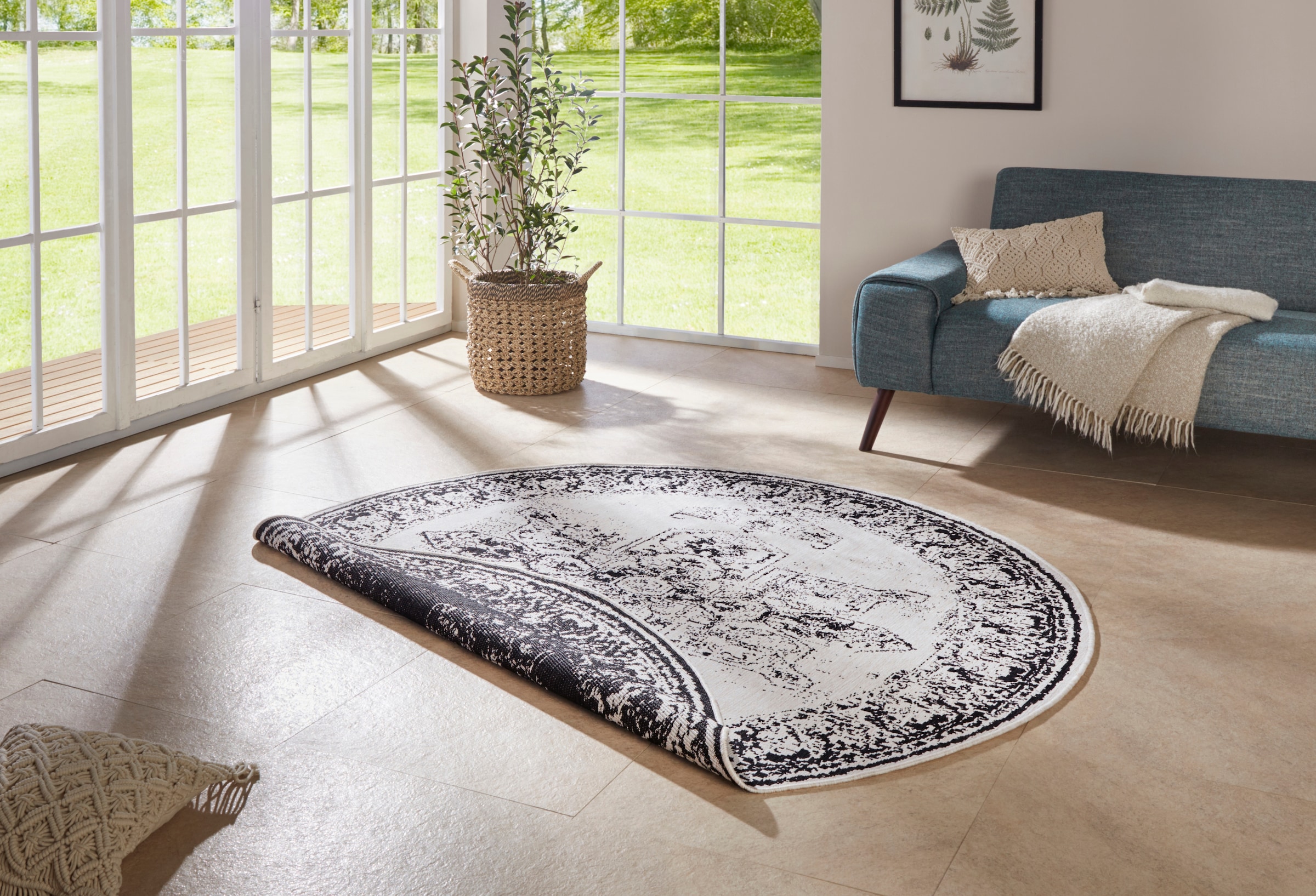 NORTHRUGS Teppich »Borbon Wendeteppich«, rund, 5 mm Höhe, In-& Outdoor, Wetterfest, Balkon, Garten, Wohnzimmer, Wasserfest