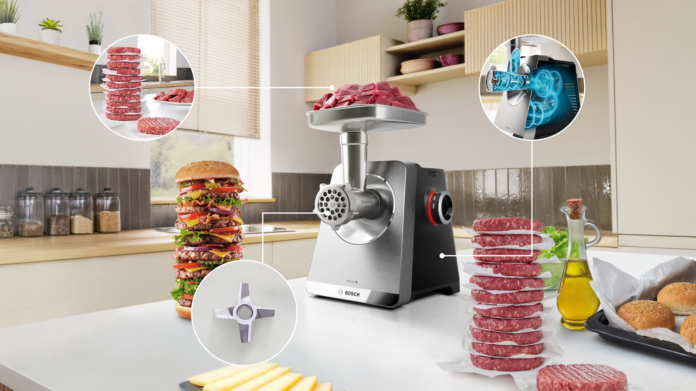 BOSCH Fleischwolf »Serie 8 MFWS840M, bis zu 4,5 kg Fleisch pro Min., spülmaschinenfest« 800 W Edelstahl, 10-Jahre Motorgarantie, mit drei Lochscheiben, 2.500 W