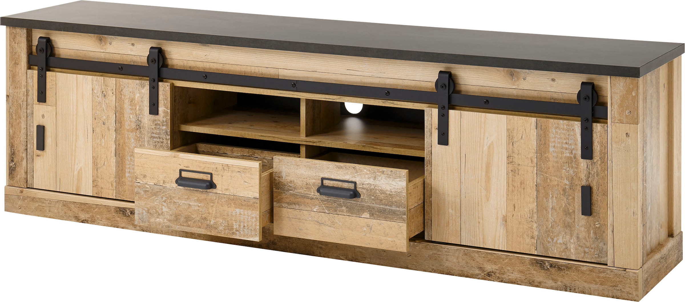 Home affaire Wohnwand »SHERWOOD«, (3 St.), Scheunentorbeschlag und Apothekergriffe aus Metall, Höhe 201 cm