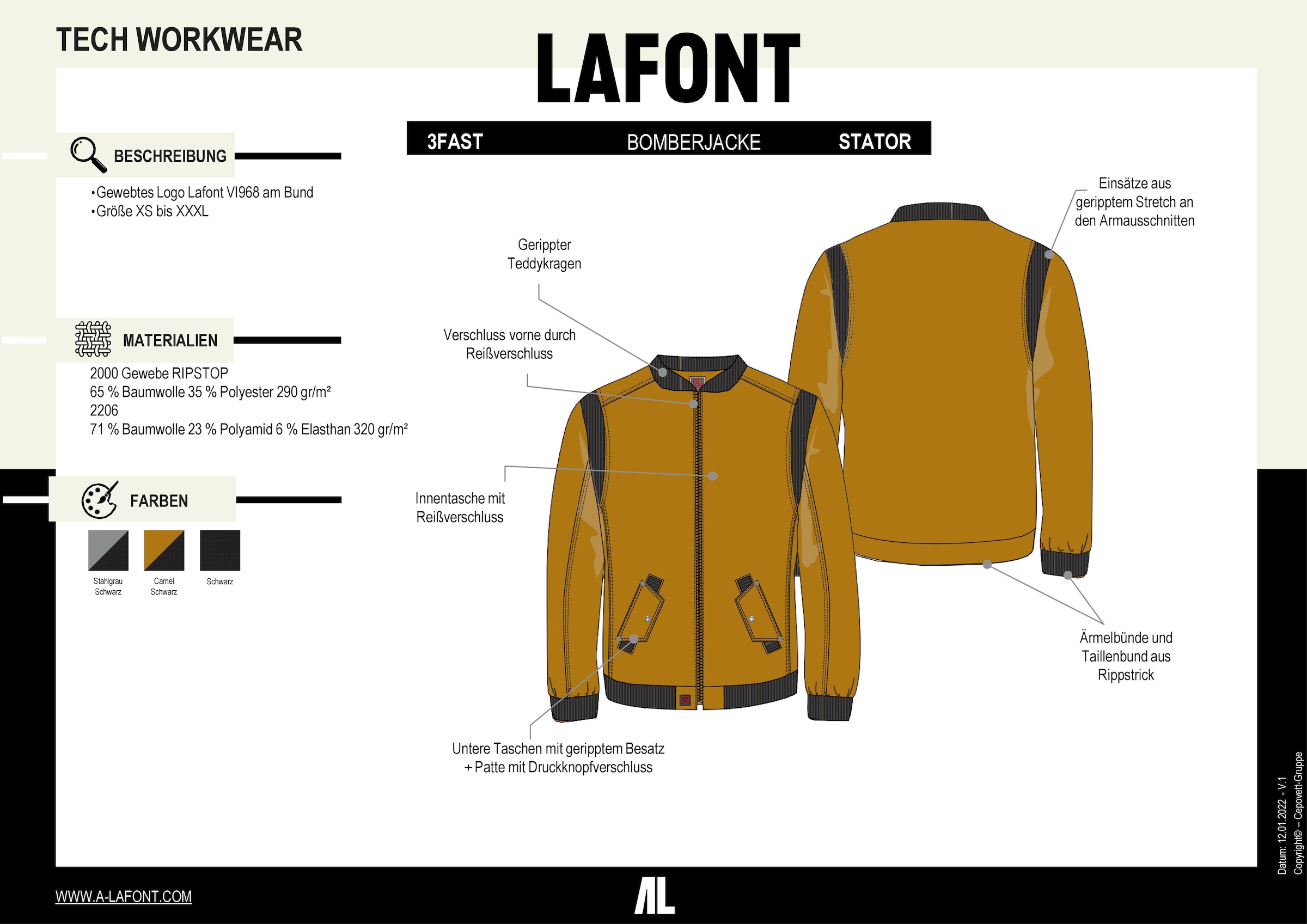 Lafont Bomberjacke »Unisex BOMBERJACKE STATOR«, ohne Kapuze, Einsätze aus Stretch-Rippstrick, Druckknopfpatten