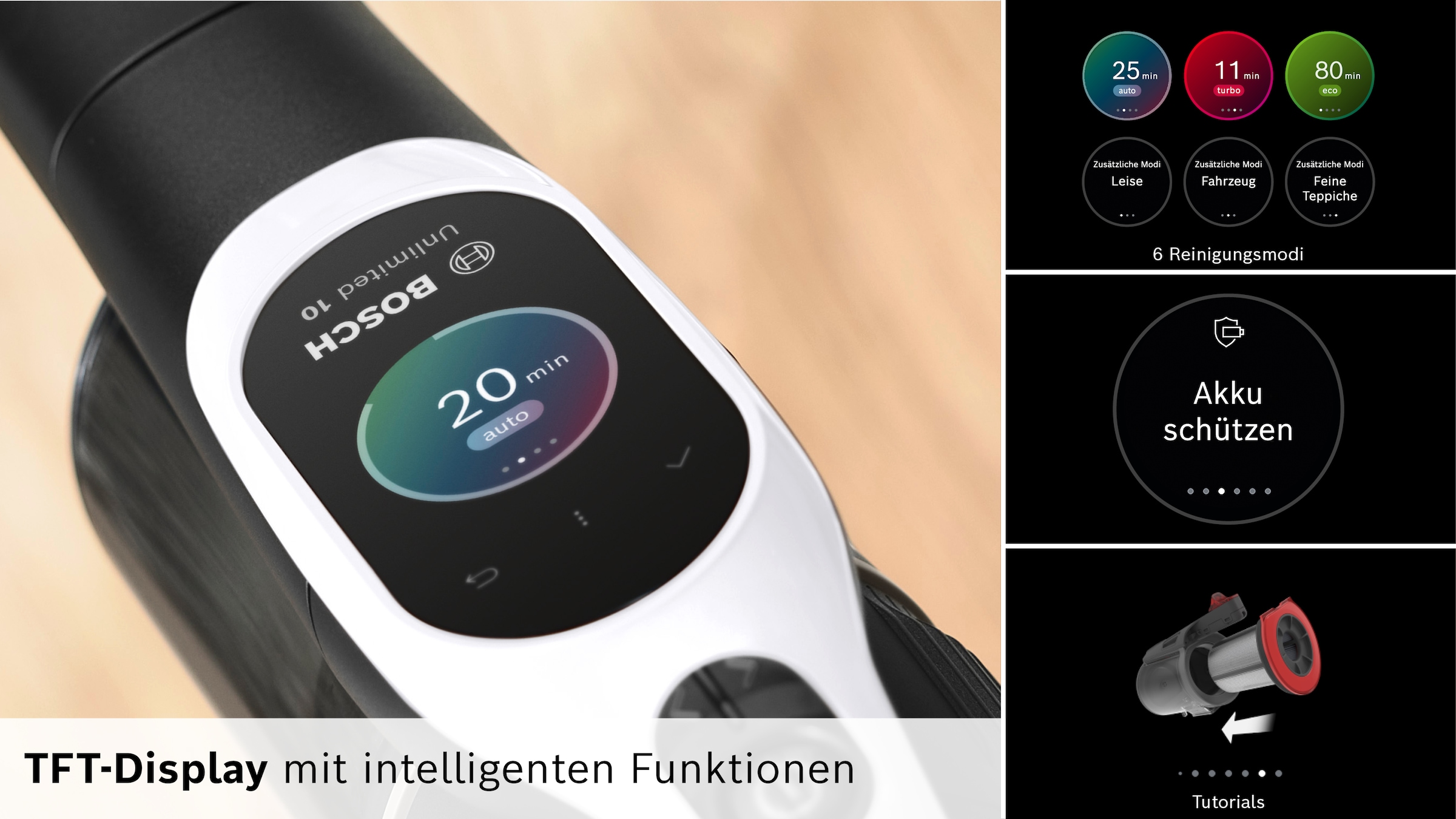 BOSCH Akku-Stielstaubsauger »Unlimited 10 BTS1042WAC, MicroClean™ Technology, 10 J. Motorgarantie« Display, Knickrohr, HEPA-Filtersystem, Schnellladegerät, 2 Akkus, weiß