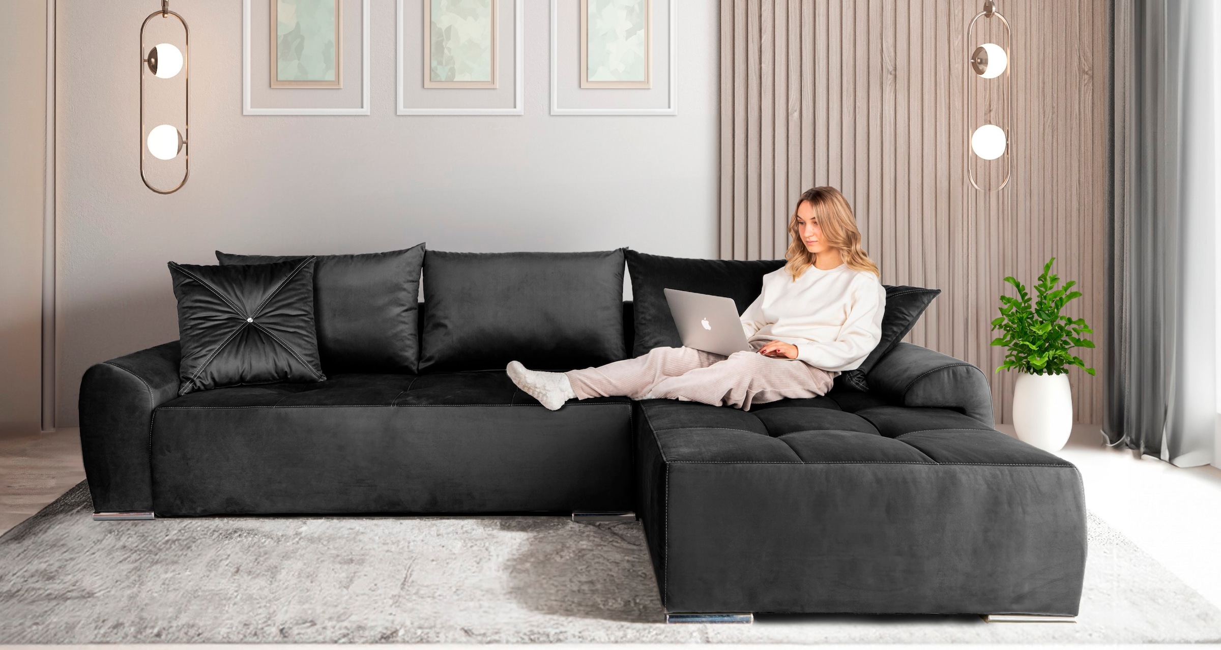 COLLECTION AB Ecksofa »Bilbao L-Form«, inkl. Bettfunktion und Bettkasten, Zierkissen mit Strassstein