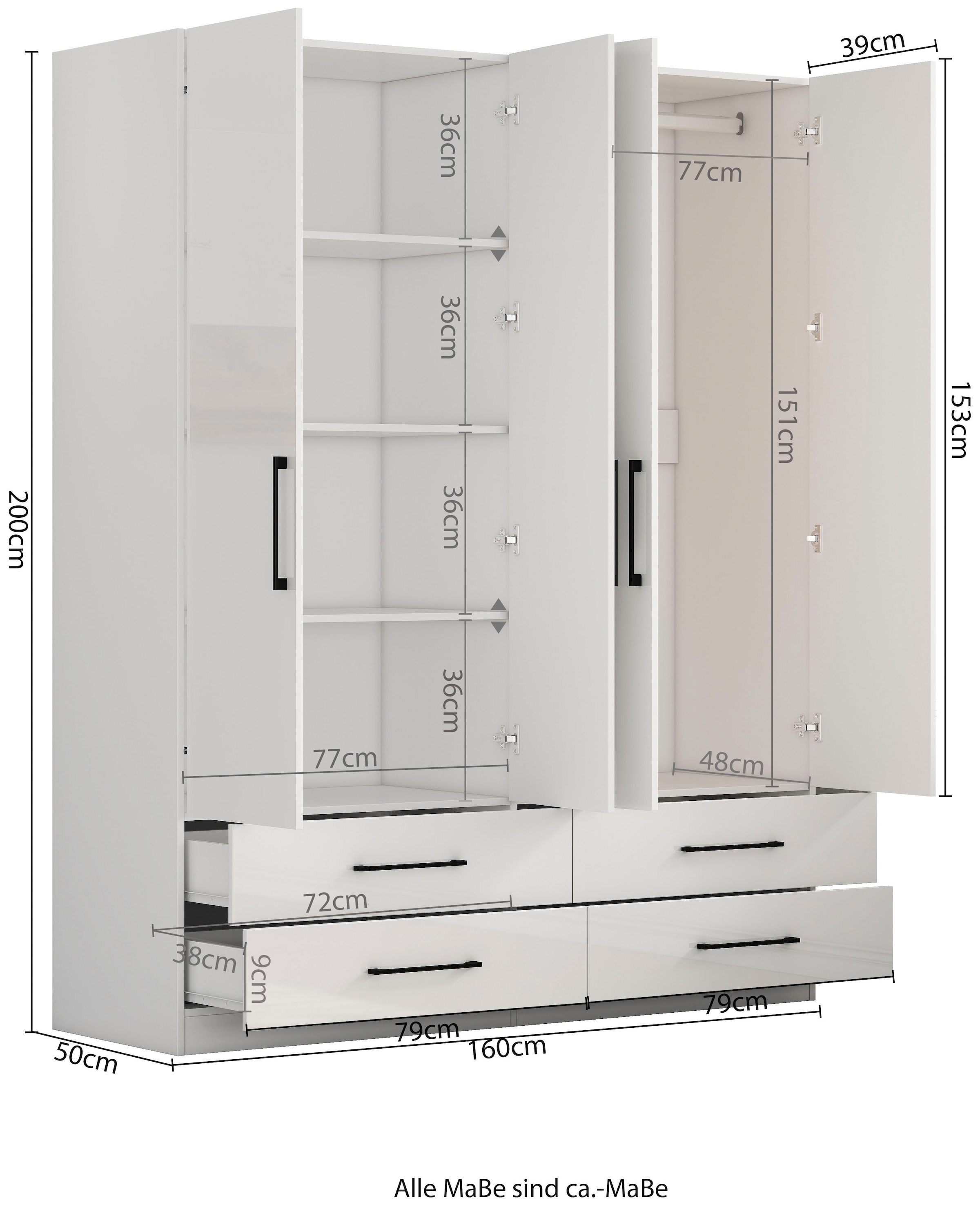 OTTO home Kleiderschrank »Sylt Schlafzimmerschrank Bestseller mit hochglänzenden Fronten« Drehtürenschrank mit 4 Schubladen und 4 Türen,  Schrank in Breite 160 mit viel Stauraum