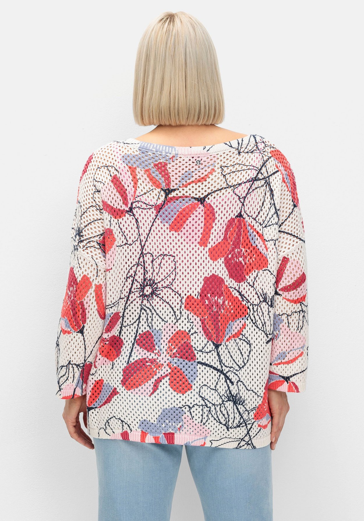 Sheego Rundhalspullover »Pullover im Ajourstrick, mit Blumenmuster«