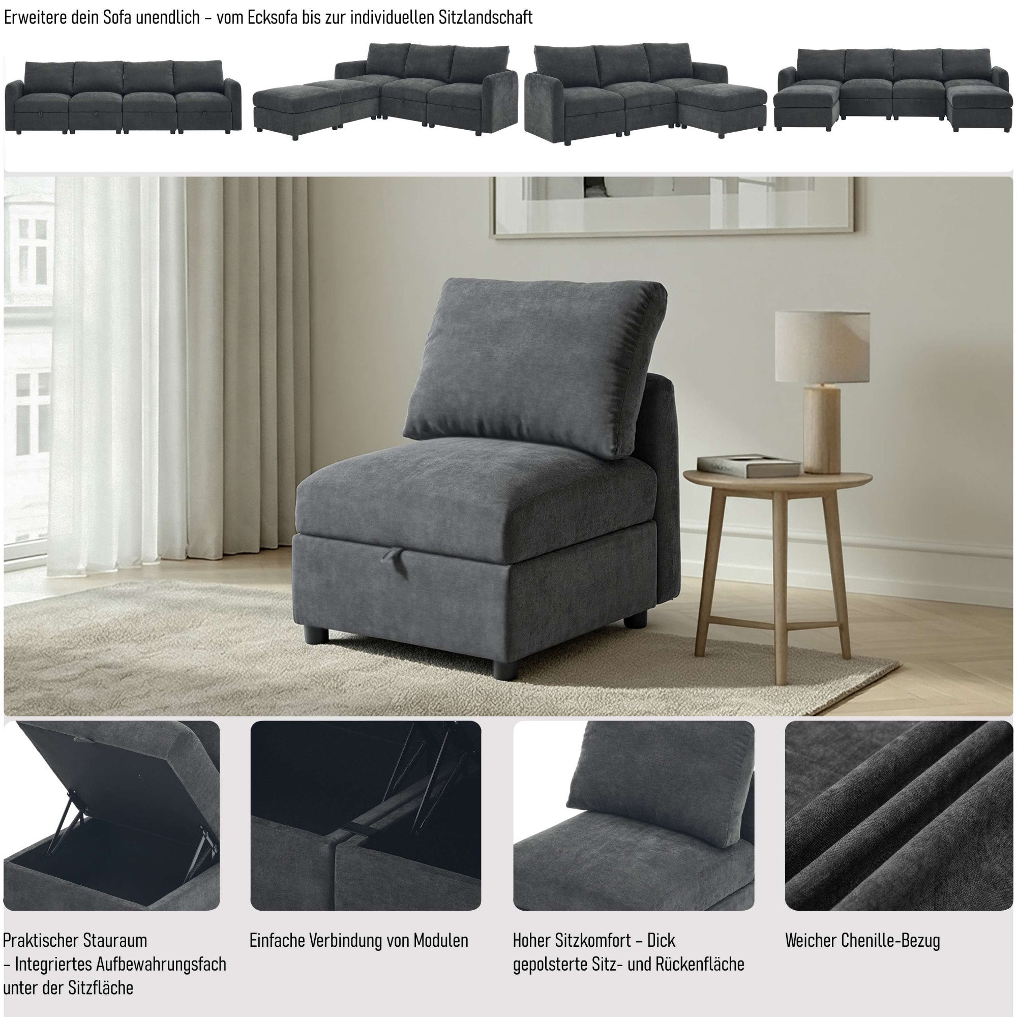 Dorel Home Sessel »STILHUS Sofa-Mittel-Element, mit Stauraum, Breite 65 cm, Chenille« als Modul oder separat verwendbar - individuell kombinierbar