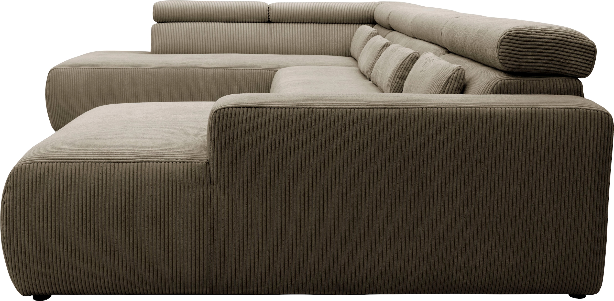 DOMO collection Wohnlandschaft »Brandon, belastbar bis 140kg/ Sitz, B/T: 359/228 cm, U-Form«, ohne Sitztiefenverstellung, Cord, schlamm