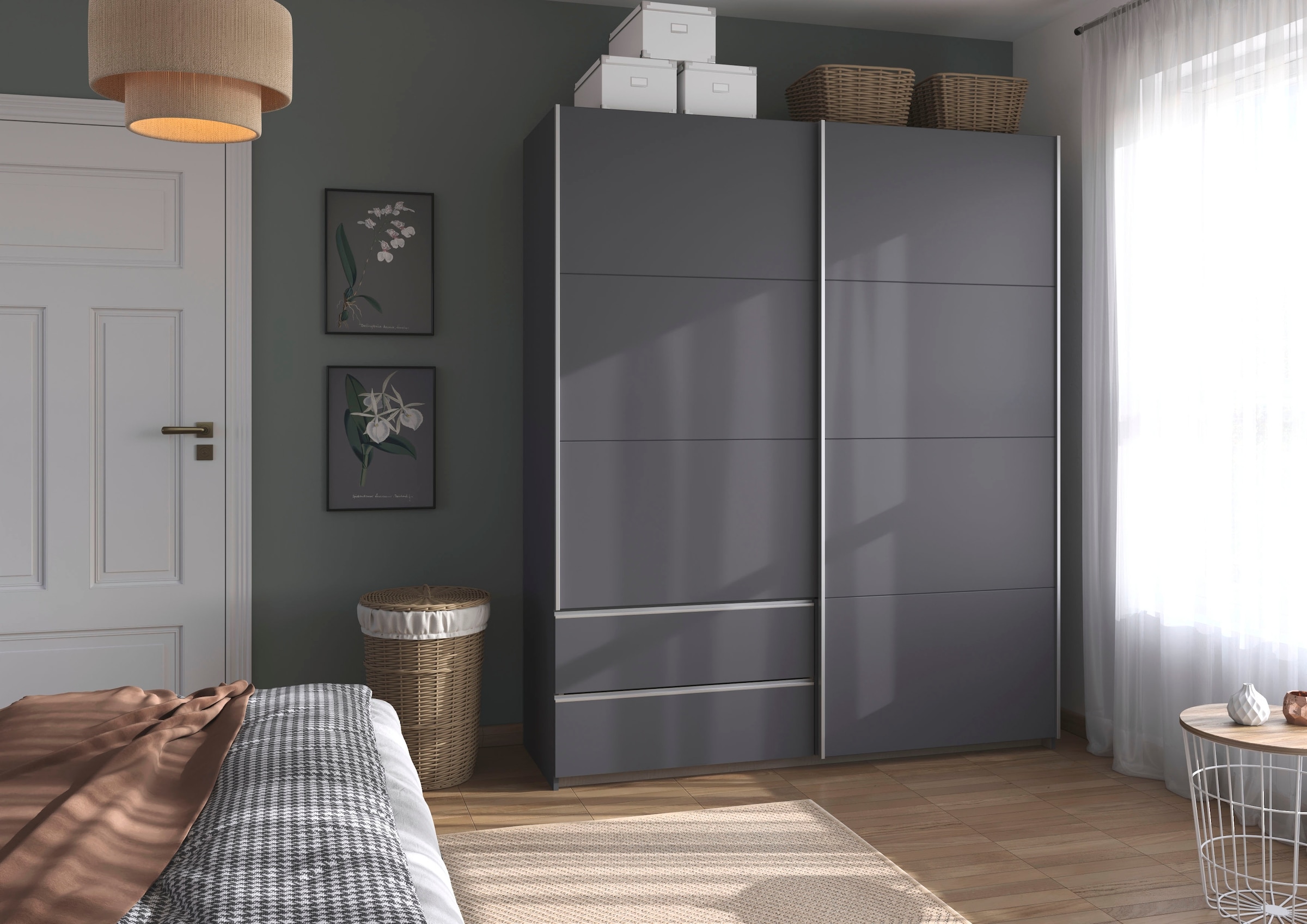 rauch Schwebetürenschrank »Kleiderschrank Schrank Garderobe Wäscheschrank SEVILLA«, (in 3 verschiedenen Ausstattungen BASIC/CLASSIC/PREMIUM), Metall-Griffleisten alufarben oder Graumetallic MADE IN GERMANY