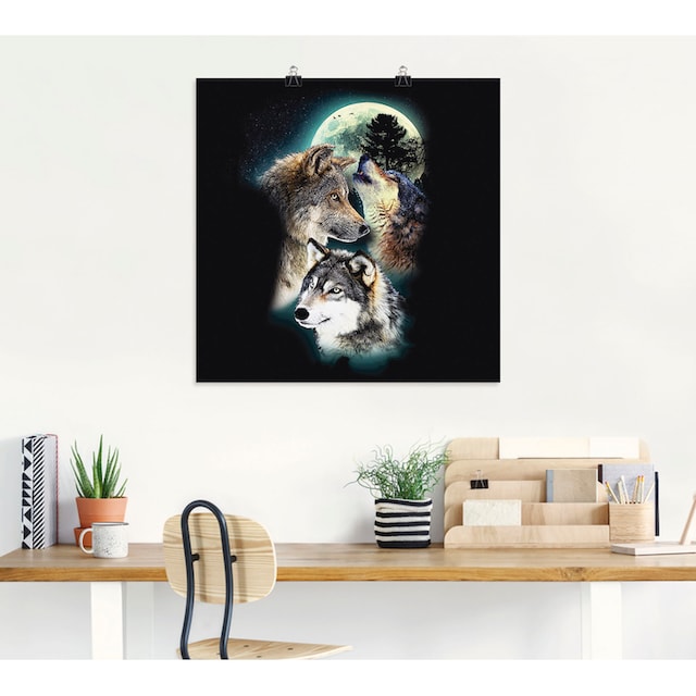 Artland Wandbild »Phantasie Wolf Wölfe mit Mond«, Wildtiere, (1 St.), als  Alubild, Leinwandbild, Wandaufkleber oder Poster in versch. Größen auf  Raten bestellen
