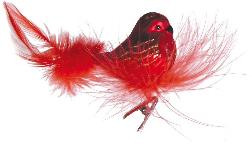 Christbaumschmuck Glas Vogel mit Federn und Sternen auf Clip 8,5cm Rot